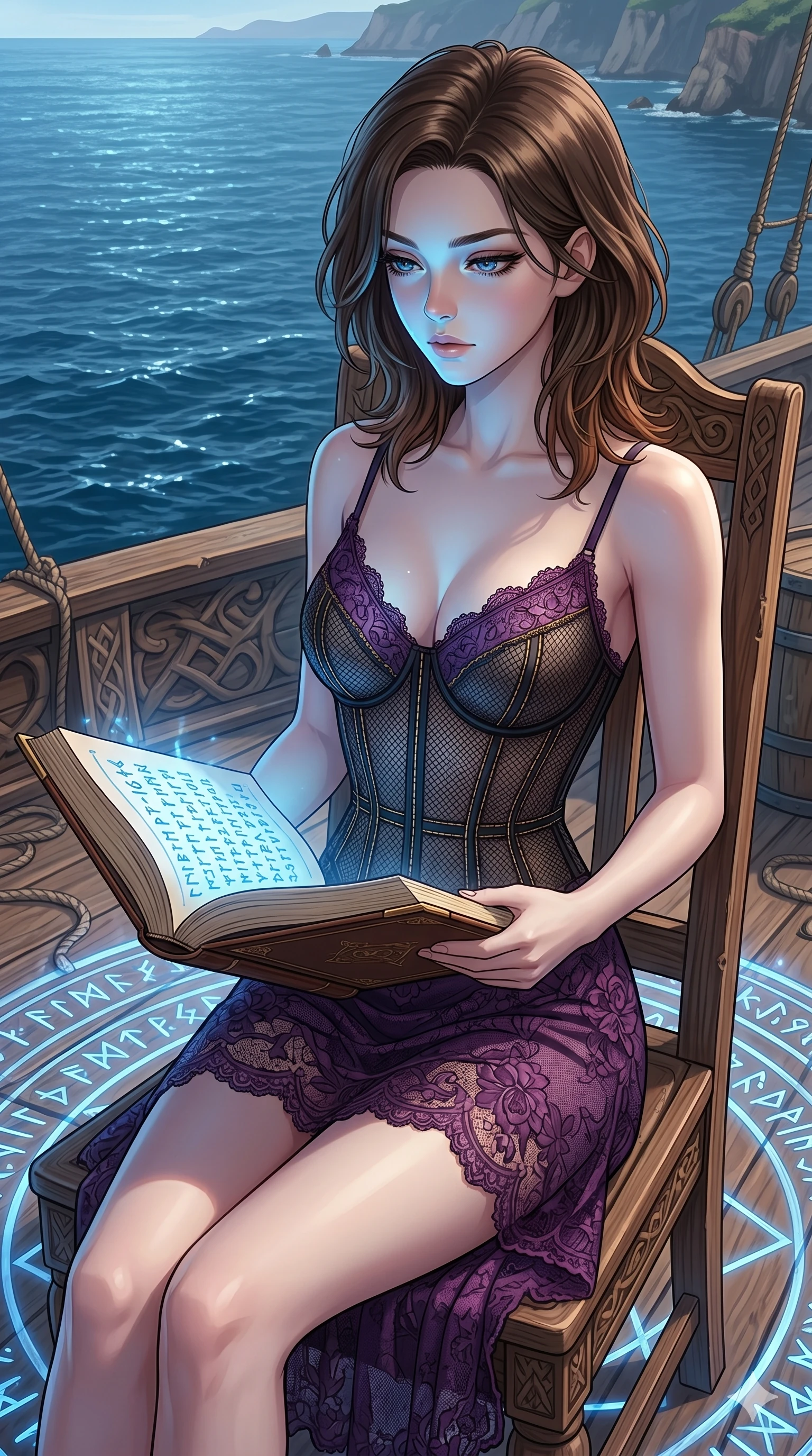 score_9, masterpiece, best quality, ultra-detailed, high-budget anime keyframe, editorial fashion photography, tasteful artistic composition, Korean woman. cowboy shot from the thighs up, character and outfit filling the frame for maximum editorial presence. holding an open book, looking down in a composed gesture on a sun-deck overlooking the sea (Code-P17-164). She has an absolutely perfect 8-heads proportion, an exceptionally tall and slender female figure with impossibly long slender legs and an ultra-slim waist. V-shaped jawline, high-bridge nose, intricate jewel-like eyes with depth, thick eyelashes, glossy lips with a natural sheen. wearing a semi-opaque corset over a purple lace slip dress. mystical blue light from the runes, casting a cool glowing highlight on her face. 2k, ultra detail, master piece, 9:16 ratio