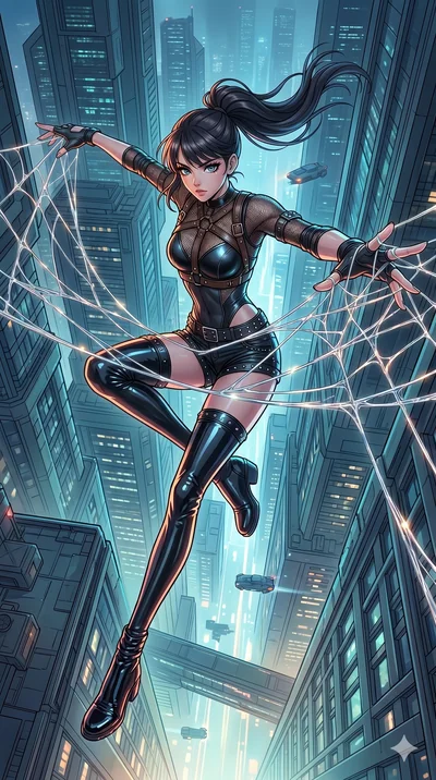 score_9, masterpiece, best quality, ultra-detailed, high-budget anime movie keyframe, cinematic anime lighting, intricate line art, Caucasian (strictly human ears) woman. Extreme high angle shot as she leaps towards the camera, filling the frame. wea