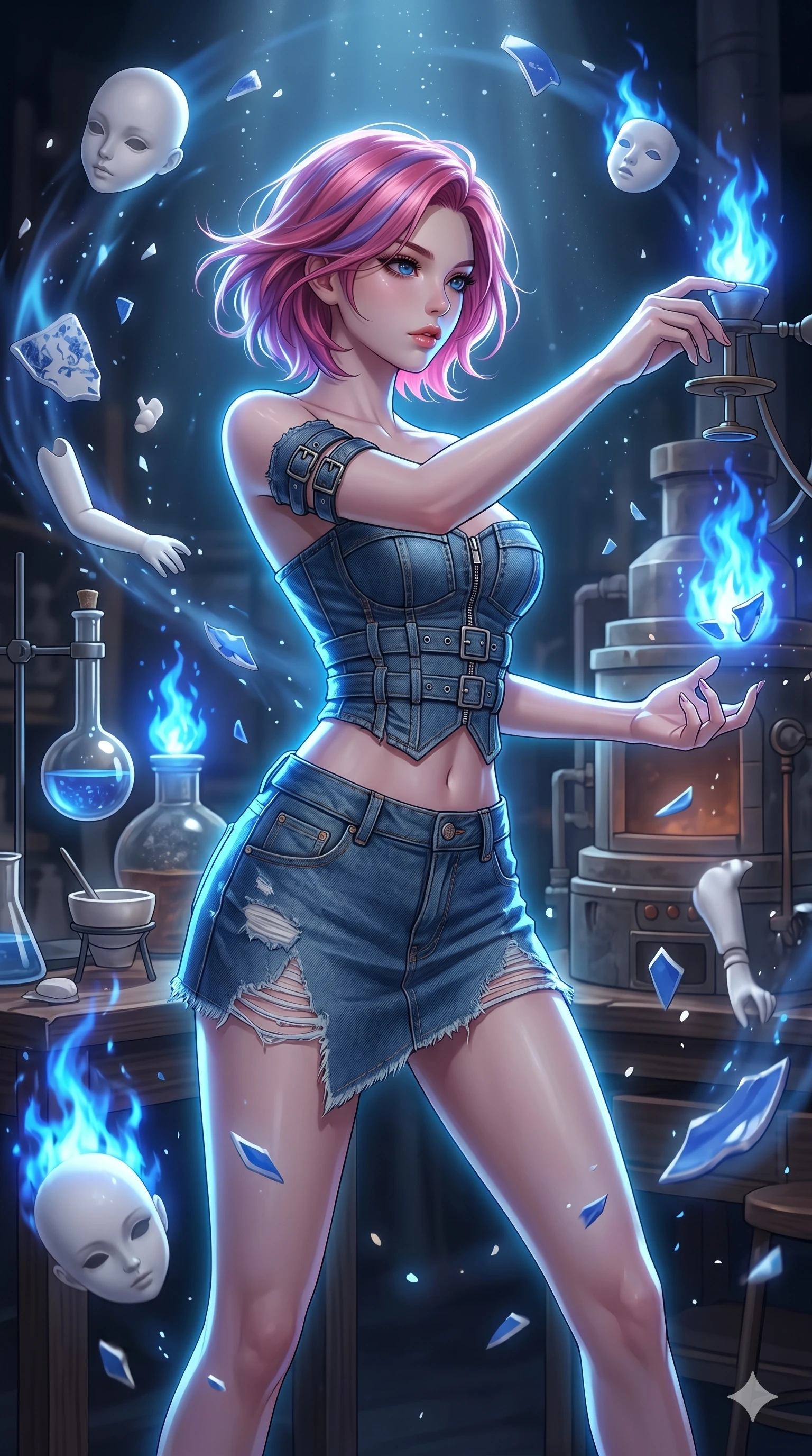 score_9, masterpiece, best quality, ultra-detailed, high-budget anime keyframe, Japanese woman. upper body close-up from the thighs up, character filling the screen for maximum presence. assisting in an alchemical porcelain workshop where floating white bisque doll parts and blue porcelain shards swirl amidst blue alchemical flames. She has an absolutely perfect 8-heads proportion, an exceptionally tall and slender female figure with impossibly long slender legs and an ultra-slim waist. V-shaped jawline, high-bridge nose, intricate jewel-like eyes with depth, thick eyelashes, glossy lips with a natural sheen.. wearing a deconstructed denim corset and an asymmetric ripped denim structured mini skirt, showcasing a rugged yet chic off-shoulder style. bathed in brilliant cinematic volumetric lighting and intense neon rim light highlighting her slender form. 2k, ultra detail, master piece, 9:16 ratio