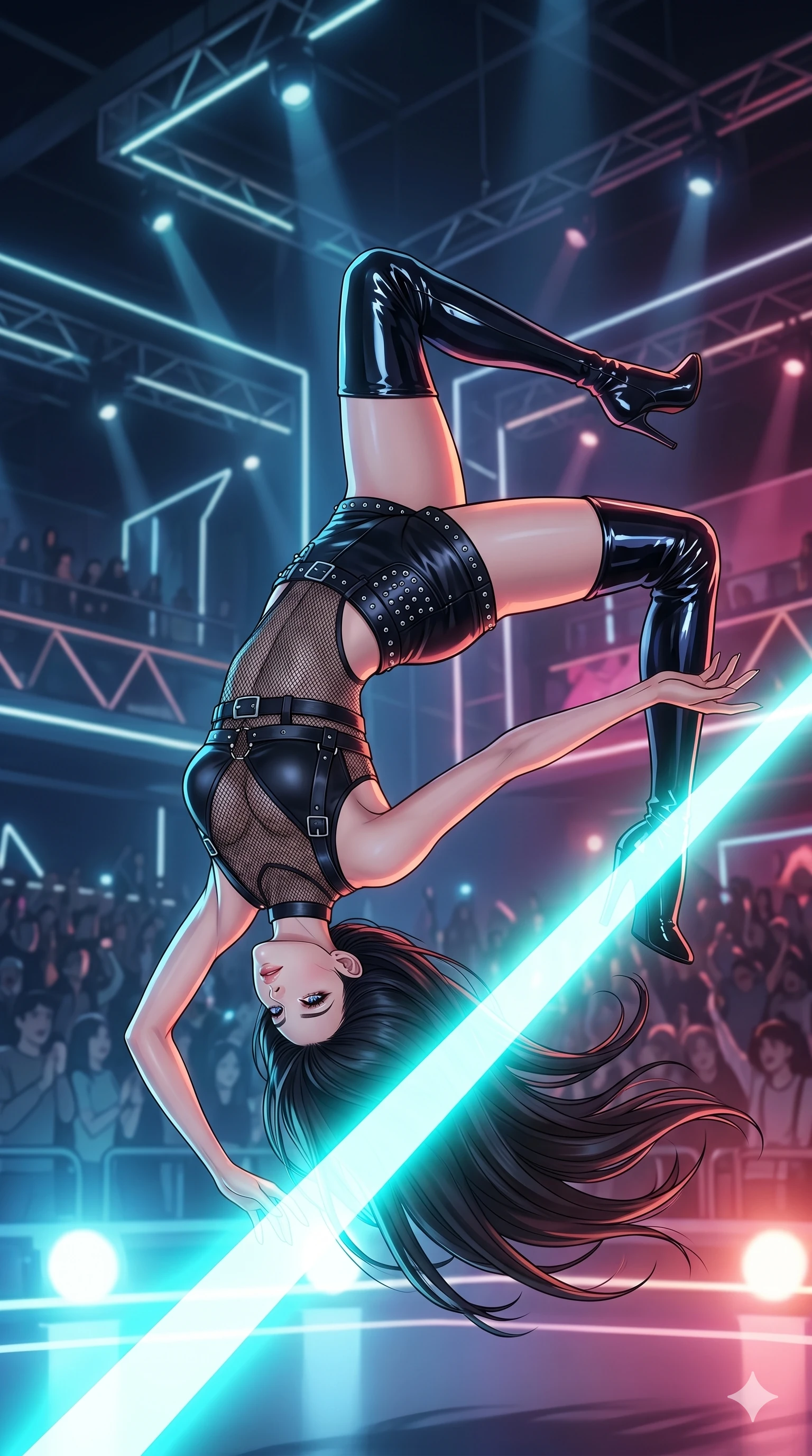 score_9, masterpiece, best quality, ultra-detailed, high-budget anime movie keyframe, cinematic anime lighting, intricate line art, Caucasian (strictly human ears) woman. Mid-air action shot capturing a graceful twist and vertical silhouette. performing a backflip to avoid a sweeping laser beam. She has an absolutely perfect 8-heads proportion, an exceptionally tall and slender female figure with an ultra-slim waist and impossibly long slender legs. strictly human anatomy, two legs only, no extra limbs, clearly defined legs and arms, perfect anatomy, perfect hands and fingers. sharp v-shaped jawline, high-bridge nose, intricate jewel-like eyes, thick eyelashes, glossy lips. Wearing K-Idol Stage: Leather harness over mesh, high-cut bodysuit, studded micro-shorts, and thigh-high patent boots. The scene is illuminated by dramatic atmospheric lighting and vibrant color palettes. , 2k, ultra detail, master piece, 9:16 ratio