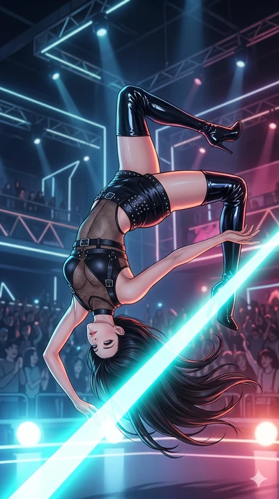 score_9, masterpiece, best quality, ultra-detailed, high-budget anime movie keyframe, cinematic anime lighting, intricate line art, Caucasian (strictly human ears) woman. Mid-air action shot capturing a graceful twist and vertical silhouette. perform