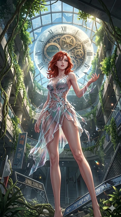 score_9, masterpiece, best quality, ultra-detailed, Set A: High-budget Anime Keyframe, Korean woman. Low angle cowboy shot filling the entire 9:16 frame with her statuesque presence. Theme: Ethereal Dream. shattering the fabric of reality in a ruined