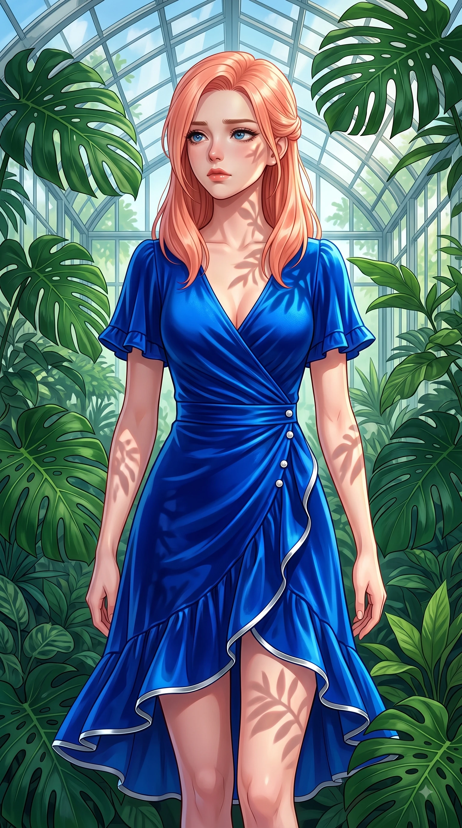 score_9, masterpiece, best quality, ultra-detailed, high-budget anime keyframe, editorial fashion photography, tasteful artistic composition, Japanese woman. close-up cowboy shot from the waist and thighs up, the character dominates the composition, filling the frame with her large presence. Wistful sorrowful gaze looking distant with a delicate melancholy and emotional depth in her eyes while strolling through a lush botanical glasshouse surrounded by deep emerald Monstera leaves. The surrounding environment is rendered in vivid detail and crisp panoramic clarity. rich emerald green foliage and sunlit glass refractions captured with high environmental clarity. She has an exceptionally elegant, slender, and willowy female figure with an ultra-slim waist, a gracefully sculpted slender torso, and a refined silhouette. sharp v-shaped jawline, high-bridge nose, intricate jewel-like eyes with depth, thick eyelashes, glossy lips with a natural sheen, flawlessly proportioned anatomical accuracy, natural body alignment, perfectly sculpted elegant limbs, clean dynamic posture without body distortion. wearing an electric cobalt blue silk wrap dress with a graceful flowing hem in electric cobalt blue and polished silver accent, made of premium stretch velvet with a rich glossy sheen, accented with delicate pearl buttons and refined ruffle trims, the chic fashion cut framing her graceful clavicle and slender torso. illuminated by fresh botanical ambient glow with organic leaf stencil shadows. highly saturated vibrant anime colors, detailed shading with soft gradients, rich glossy textures, high-contrast stereoscopic depth, volumetric dynamic lighting, master piece, 9:16 ratio