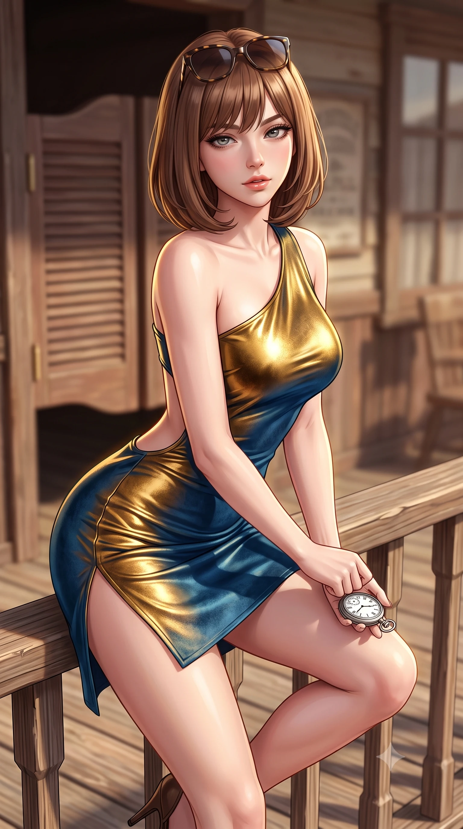 score_9, masterpiece, best quality, ultra-detailed, high-budget anime keyframe, semi-realistic 3D game render, editorial fashion photography, tasteful artistic composition, Caucasian woman. close-up cowboy shot from the waist and thighs up, the character dominates the composition, filling the frame with her large presence. leaning forward while arching her lower back to accentuate her curvy hips, looking into the camera with an intoxicating smoldering gaze and bedroom-eyes while sitting perched on the wooden boardwalk railing with one knee bent, holding an antique silver pocket watch with playful teasing cool. The background shows a soft-focus vintage saloon swinging louver doors softened in authentic western shallow focus. She has an exceptionally elegant, slender, and willowy female figure with an ultra-slim waist, flat toned midriff, narrow ribcage, and sculpted feminine hips creating an alluring, slim hourglass silhouette without bulk. sharp v-shaped jawline, high-bridge nose, sparkling eyes with hypnotic seductive depth, thick curled eyelashes, glossy parted lips with a natural dewy peach sheen, alluring bedroom-eyes with an enchanting coquettish smile, exuding magnetic siren charisma and sophisticated glamour, flawlessly proportioned anatomical accuracy, strict slender model proportions, natural body alignment, perfectly sculpted long slender limbs, ultra-slim waistline, clean dynamic posture without body distortion. wearing an asymmetric one-shoulder metallic leather mini dress with a dramatic side slit hugging her narrow waist and hips in molten liquid gold and deep ocean sapphire, tailored from ultra-soft distressed suede with velvety hand-feel and rich shadow depth, complemented by oversized designer tortoiseshell sunglasses resting atop her head, the precision-cut side openings and low-back scoop framing her graceful spine and the sensual sweep of her slim, toned hips. illuminated by boardwalk wood reflection bounce and sharp golden rim lights defining her razor-sharp jawline, flat midriff, and curvy hips. highly saturated vibrant anime colors, detailed shading with soft gradients, rich glossy textures, high-contrast stereoscopic depth, volumetric dynamic lighting, master piece, 9:16 ratio