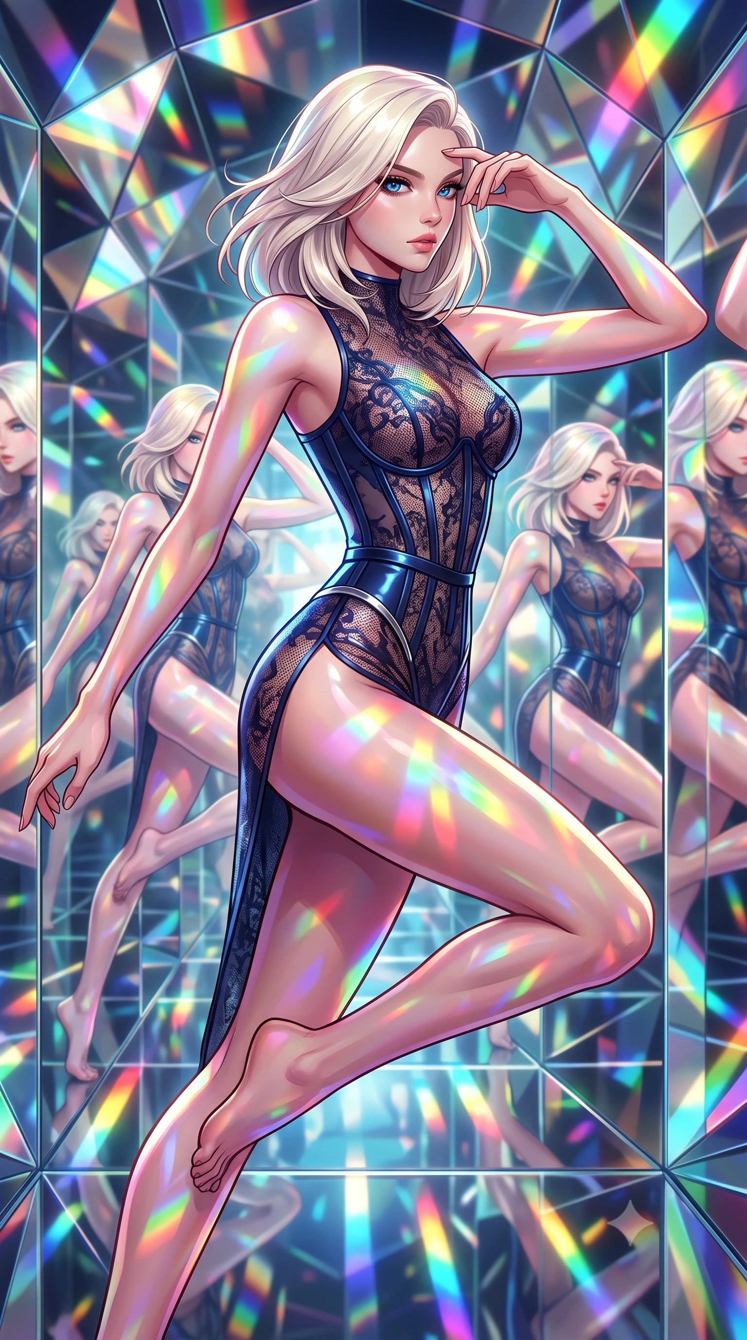score_9, masterpiece, best quality, ultra-detailed, high-budget anime keyframe, editorial fashion photography, tasteful artistic composition, Caucasian woman. close-up cowboy shot from the waist and thighs up, the character dominates the composition, filling the frame with her large presence, background elements kept in soft focus. Resting her fingers gracefully near her temple, casting a sharp mysterious side-gaze during her stride while leaping through a kaleidoscope mirror corridor as her reflection multiplies endlessly, a kaleidoscope of refractions forming geometric light patterns on her skin. She has an exceptionally elegant, slender, and willowy female figure with an ultra-slim waist, a gracefully sculpted slender torso, and a refined silhouette. sharp v-shaped jawline, high-bridge nose, intricate jewel-like eyes with depth, thick eyelashes, glossy lips with a natural sheen, flawlessly proportioned anatomical accuracy, natural body alignment, perfectly sculpted elegant limbs, clean dynamic posture without body distortion. wearing a sheer dark lace pattern bodysuit with structured corsetry boning in midnight navy blue and chrome trim, formed from sleek second-skin neoprene, finished with a sleek side slit ascending to mid-thigh, the sleek second-skin texture accentuating her magnetic presence. bathed in brilliant multi-color rainbow light refracting through mirror fragments. highly saturated vibrant anime colors, detailed shading with soft gradients, rich glossy textures, high-contrast stereoscopic depth, volumetric dynamic lighting, master piece, 9:16 ratio