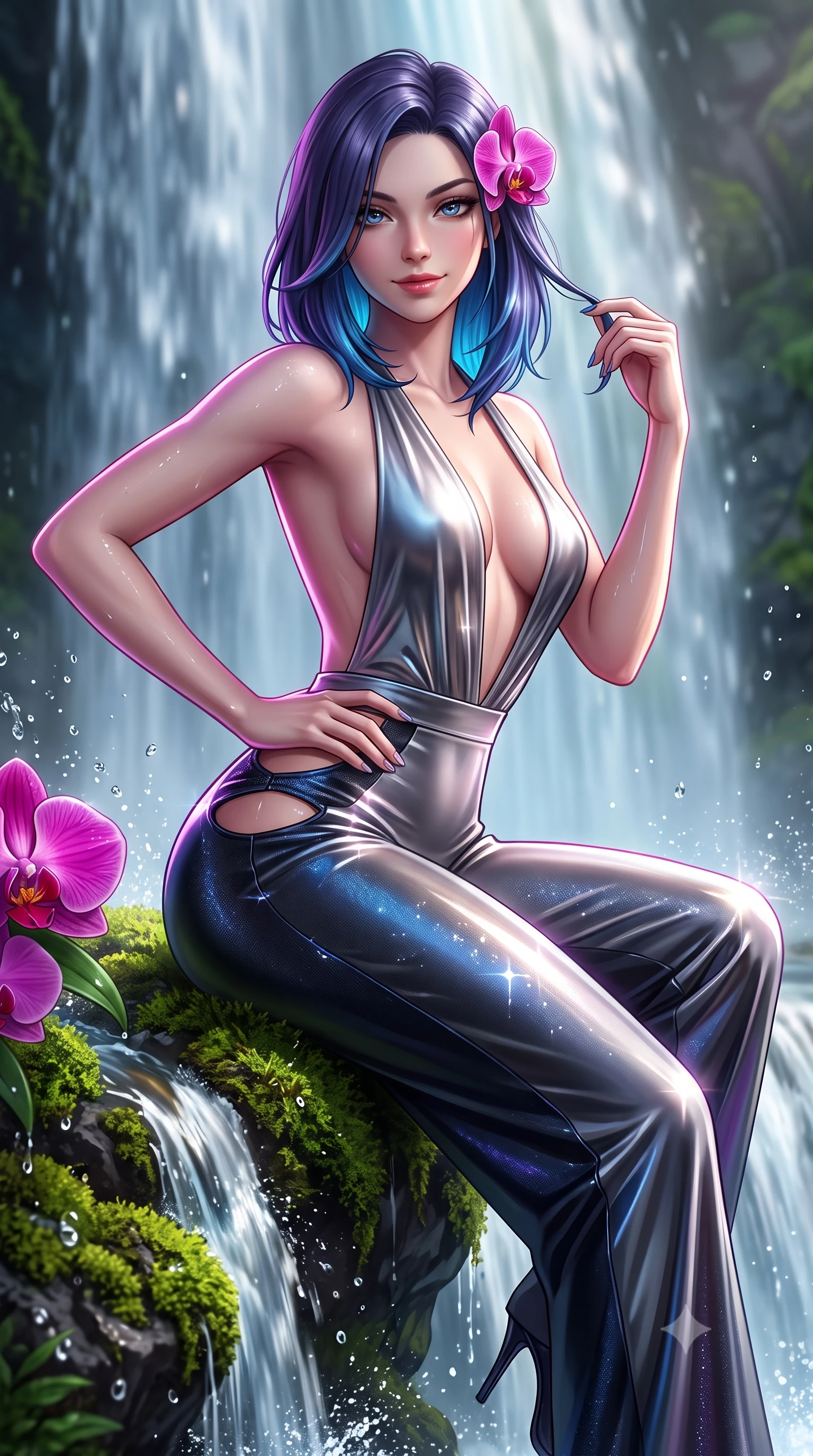 score_9, masterpiece, best quality, ultra-detailed, high-budget anime keyframe, semi-realistic 3D game render, editorial fashion photography, tasteful artistic composition, Caucasian woman. close-up cowboy shot from the waist and thighs up, the character dominates the composition, filling the frame with her large presence. twisting her slender torso in an alluring contrapposto stance, one hand resting on her sculpted hip while her fingers toy with her hair with effortless poise while sitting perched on the mossy volcanic rock rim beside the falling water, arching her back with enchanting wet-look siren charm. The surrounding environment is rendered in vivid detail and crisp panoramic clarity: sharp orchid petal velvet texture, water droplet splash beads, and green moss on volcanic stone in deep focus. She has an exceptionally elegant, slender, and willowy female figure with an ultra-slim waist, flat toned midriff, narrow ribcage, and sculpted feminine hips creating an alluring, slim hourglass silhouette without bulk. sharp v-shaped jawline, high-bridge nose, sparkling eyes with hypnotic seductive depth, thick curled eyelashes, glossy parted lips with a natural dewy peach sheen, alluring bedroom-eyes with an enchanting coquettish smile, exuding magnetic siren charisma and sophisticated glamour, flawlessly proportioned anatomical accuracy, strict slender model proportions, natural body alignment, perfectly sculpted long slender limbs, ultra-slim waistline, clean dynamic posture without body distortion. wearing a backless plunge-front second-skin satin jumpsuit with fluid wide legs and laser-cut hip openings in molten liquid platinum and midnight charcoal with sapphire reflections, woven from stretch metallic lurex jersey casting radiant starlight glints across her silhouette, accented with a fresh-bloomed exotic magenta orchid tucked gracefully into her dark glossy hair, the form-contouring silhouette accentuating her sculpted flat midriff, narrow delicate ribcage, and gracefully curvy hips with intoxicating allure. illuminated by waterfall spray reflection fill and sharp platinum-magenta rim lights defining her delicate clavicles, narrow waist, and curvy hips. highly saturated vibrant anime colors, detailed shading with soft gradients, rich glossy textures, high-contrast stereoscopic depth, volumetric dynamic lighting, master piece, 9:16 ratio