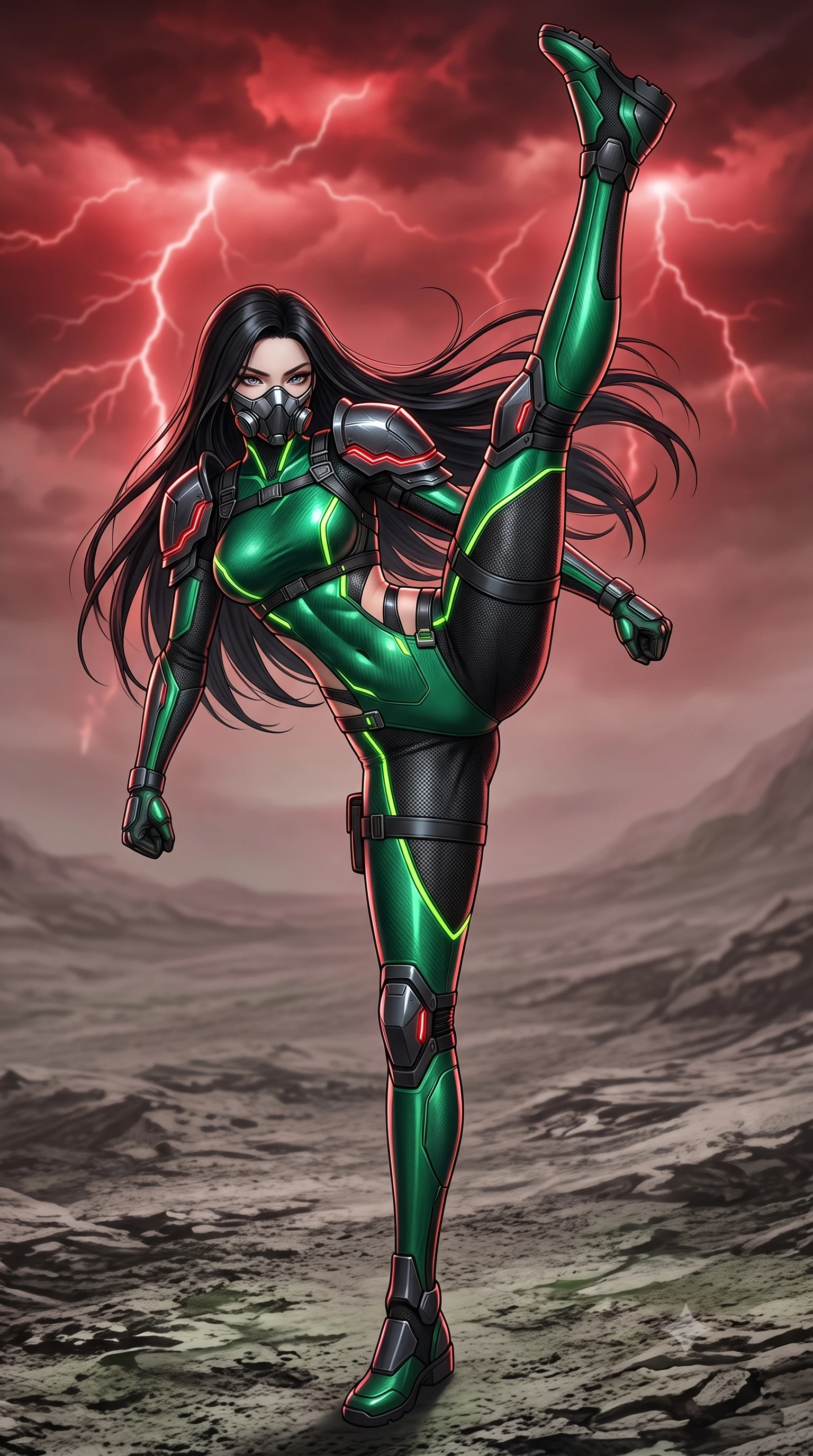 score_9, masterpiece, best quality, ultra-detailed, high-budget anime keyframe, semi-realistic 3D game render, editorial fashion photography, tasteful artistic composition, Korean woman. low angle full-body shot from head to toe showing her feet, filling the entire 9:16 vertical frame with her statuesque presence, stretching her vertical silhouette. executing a breathtaking zero-gravity high-kick with full 180-degree vertical extension, her impossibly long slender legs dominating the frame with razor-sharp poise while marching solitary across an endless toxic ash wasteland beneath red lightning storm clouds with heavy armored pauldrons glistening. The surrounding environment is rendered in vivid detail and crisp panoramic clarity. sharp carbon pauldron edge bevels, glowing red conduit lines, and textured ash ground in deep focus. She has an absolutely perfect, statuesque 8.5-heads proportion, an exceptionally tall and slender model-like female figure with impossibly long slender legs, a toned flat midriff, and an ultra-slim waist. sharp v-shaped jawline, high-bridge nose, intricate jewel-like eyes with depth, thick eyelashes, glossy lips with a natural sheen, fierce and resolute heroine expression, flawlessly proportioned anatomical accuracy, strict slender model proportions, natural body alignment, perfectly sculpted long slender limbs, ultra-slim waistline, clean dynamic posture without body distortion. wearing a sleek titanium half-face combat rebreather guard protecting her lower jaw while leaving her expressive eyes and long hair flowing freely, paired with a form-contouring high-mobility battle-suit featuring sculpted carbon chest plating, diagonal midriff ventilation cutouts, and kinetic knee vambraces in toxic emerald green carbon composite with glowing lime warning channels, tailored from flexible second-skin ballistic carbon-mesh adhering flawlessly to her athletic build, reinforced by a heavy-duty titanium tactical harness and glowing micro-energy status straps, the liquid-tight tailored fabric emphasizing every curve of her tall, slender model proportions and sculptured silhouette during dynamic movement. surrounded by a solitary, monumental, and sacredly resilient post-apocalyptic guardian aura. rich saturated anime colors with glowing neon highlights, detailed shading with soft gradients, rich glossy textures, high-contrast stereoscopic depth, volumetric dynamic lighting, master piece, 9:16 ratio
