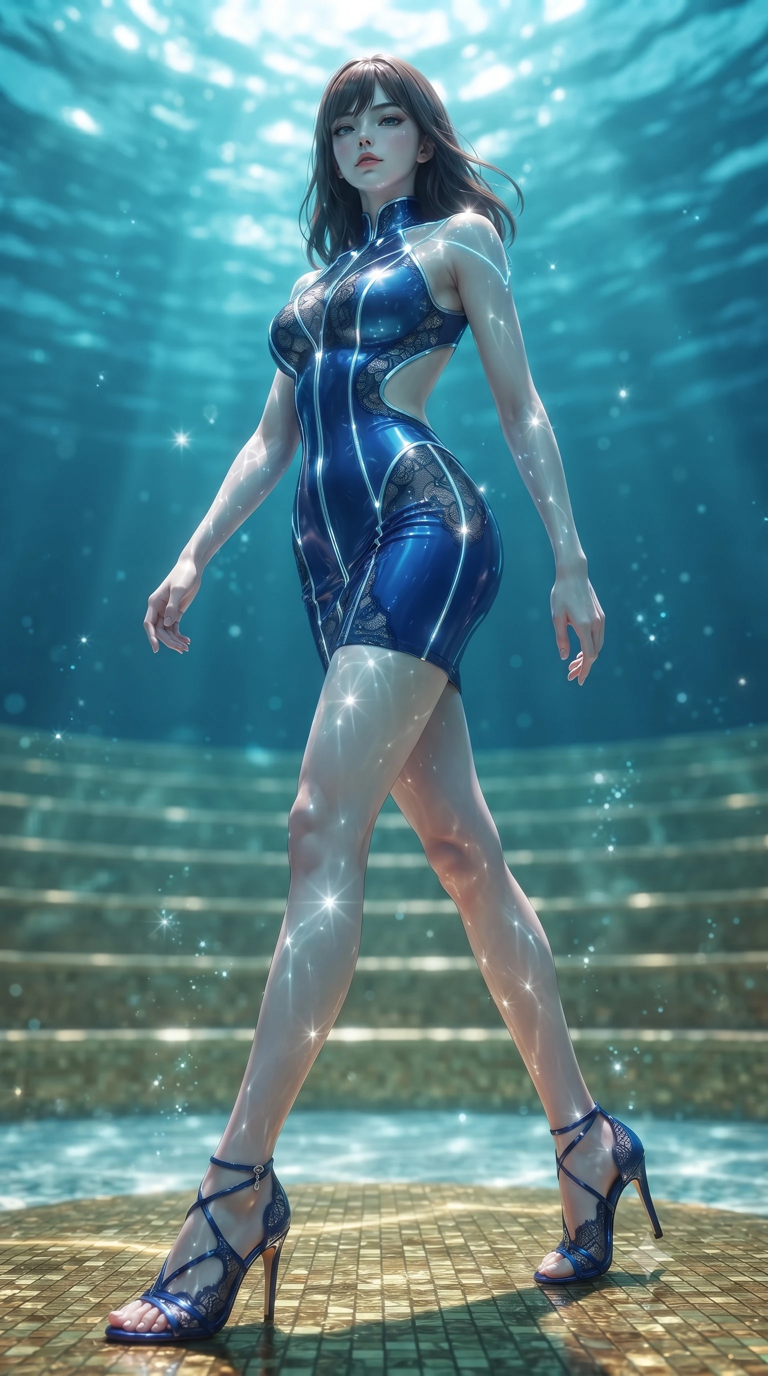 score_9, masterpiece, best quality, ultra-detailed, high-budget anime keyframe, editorial fashion photography, tasteful artistic composition, Korean woman. low angle full-body shot from head to toe showing her feet, filling the entire 9:16 vertical frame with her statuesque presence, stretching her vertical silhouette. striding forward in a proud, statuesque motion with a dangerous smolder, her vertical silhouette dominating the frame from head to toe while standing with sovereign poise on a submerged gold mosaic plaza as deep ocean sunbeams cast dancing caustics across her skin. The composition keeps background elements in soft focus with creamy bokeh. sunken golden amphitheatre tiers and water caustics softened in luminous shallow depth of field. She has an absolutely perfect, statuesque 8.5-heads proportion, an exceptionally tall and slender model-like female figure with impossibly long slender legs, a toned flat midriff, and an ultra-slim waist. sharp v-shaped jawline, high-bridge nose, intricate jewel-like eyes with depth, thick eyelashes, glossy lips with a natural sheen, flawlessly proportioned anatomical accuracy, strict slender model proportions, natural body alignment, perfectly sculpted long slender limbs, ultra-slim waistline, clean dynamic posture without body distortion. wearing a second-skin fashion-latex mini dress with a clean architectural front, featuring an open-back design that wraps around the sides of her waist, showcasing her slender silhouette in liquid electric cobalt blue and polished silver, crafted from delicate dark lace interwoven with luminescent micro-fibers, accented with glowing fiber-optic seams tracing her collarbones and hip curves, the sleek second-skin cut tightly hugging her graceful clavicle, narrow waist, and feminine curves with athletic precision. illuminated by soft turquoise ambient fill and sparkling specular highlights tracing her slender curves. ultra-reflective glossy finish, specular highlights, metallic sheen, high-contrast stereoscopic depth, volumetric dynamic lighting, 2k, ultra detail, master piece, 9:16 ratio