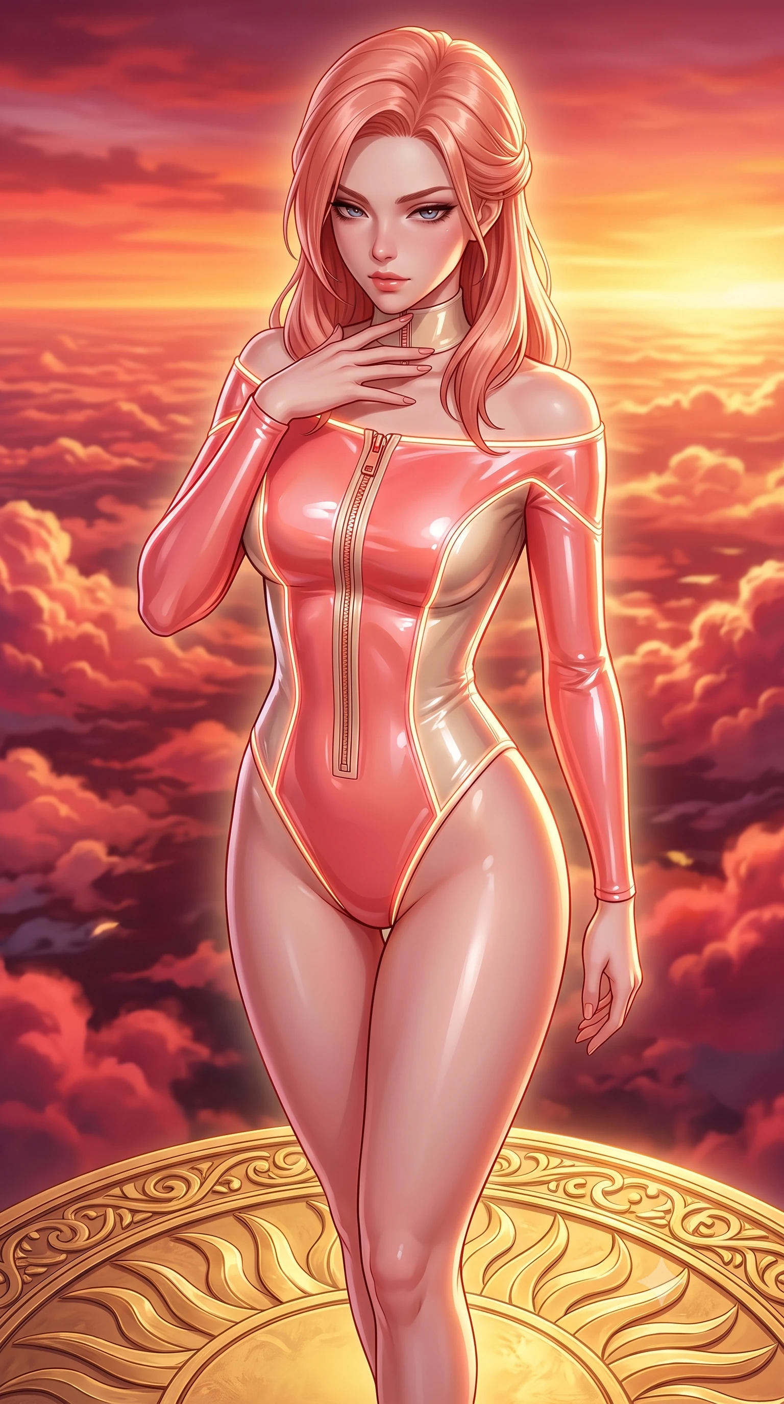 score_9, masterpiece, best quality, ultra-detailed, high-budget anime keyframe, semi-realistic 3D game render, editorial fashion photography, tasteful artistic composition, Japanese woman. close-up cowboy shot from the waist and thighs up, the character dominates the composition, filling the frame with her large presence. resting her fingers lightly against her throat while looking down with a smoldering, haughty yet intensely captivating glance while pivoting dynamically on a floating golden sun-disc runway as crimson and gold sunrise clouds swirl beneath her feet. The surrounding environment is rendered in vivid detail and crisp panoramic clarity. intricate carved gold sun-disc reliefs, sharp cloud-top vapor textures, and burning horizon gradients in deep focus. She has an exceptionally elegant, slender, and willowy female figure with an ultra-slim waist, a gracefully sculpted slender torso, toned flat midriff, and a refined slim silhouette. sharp v-shaped jawline, high-bridge nose, intricate jewel-like eyes with depth, thick eyelashes, glossy lips with a natural sheen, flawlessly proportioned anatomical accuracy, strict slender model proportions, natural body alignment, perfectly sculpted long slender limbs, ultra-slim waistline, clean dynamic posture without body distortion. wearing a glossy white second-skin latex bodysuit with high-thigh cuts, exposed clavicle neckline, and gleaming zipper details in radiant coral pink and champagne ivory, tailored from semi-translucent cybernetic vinyl with glowing micro-filaments, accented with glowing fiber-optic seams tracing her collarbones and hip curves, the form-contouring material adhering flawlessly to her sculpted flat midriff and slender torso, emphasizing her long leg lines and perfectly proportioned willowy build. surrounded by an awe-inspiring, supreme, and radiantly sensual goddess of dawn aura. highly saturated vibrant anime colors, detailed shading with soft gradients, rich glossy textures, high-contrast stereoscopic depth, volumetric dynamic lighting, master piece, 9:16 ratio