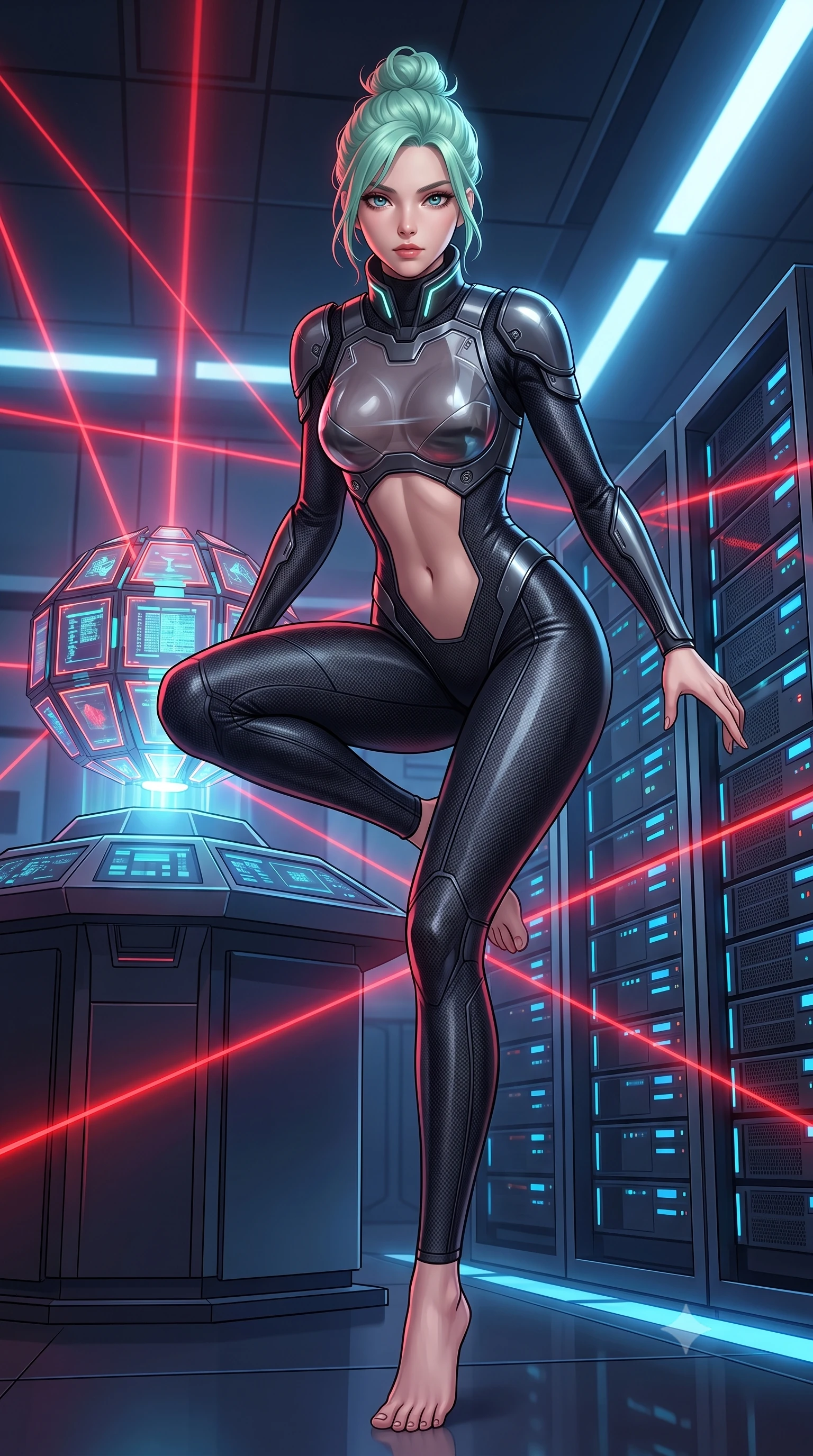 score_9, masterpiece, best quality, ultra-detailed, high-budget anime keyframe, semi-realistic 3D game render, editorial fashion photography, tasteful artistic composition, Japanese woman. low angle full-body shot from head to toe showing her feet, filling the entire 9:16 vertical frame with her statuesque presence, stretching her vertical silhouette. landing lightly on the balls of her feet in a balanced kinetic stance, eyes locked onto the camera with fearless allure while sliding into a low tactical crouch beside a glowing data core, eyes scanning the perimeter with lethal intelligence. The surrounding environment is rendered in vivid detail and crisp panoramic clarity. deep high-contrast espionage chiaroscuro and ultra-modern data fortress architecture in precision. She has an absolutely perfect, statuesque 8.5-heads proportion, an exceptionally tall and slender model-like female figure with impossibly long slender legs, a toned flat midriff, and an ultra-slim waist. sharp v-shaped jawline, high-bridge nose, intricate jewel-like eyes with depth, thick eyelashes, glossy lips with a natural sheen, captivating and magnetic expression, flawlessly proportioned anatomical accuracy, strict slender model proportions, natural body alignment, perfectly sculpted long slender limbs, ultra-slim waistline, clean dynamic posture without body distortion. wearing a sleek tailored stealth catsuit with transparent armor breastplate and tactical shoulder pauldrons in deep battle-scarred carbon weave and dark chrome, crafted from lightweight carbon-titanium composite with precision beveled seams, featuring a high aerodynamic collar framed by subtle glowing cybernetic LEDs, the liquid-tight tailored fabric emphasizing every curve of her tall, slender model proportions and sculptured silhouette during dynamic movement. bathed in dramatic intersecting red laser beam illumination and cool blue server indicator glow. highly saturated vibrant anime colors, detailed shading with soft gradients, rich glossy textures, high-contrast stereoscopic depth, volumetric dynamic lighting, master piece, 9:16 ratio