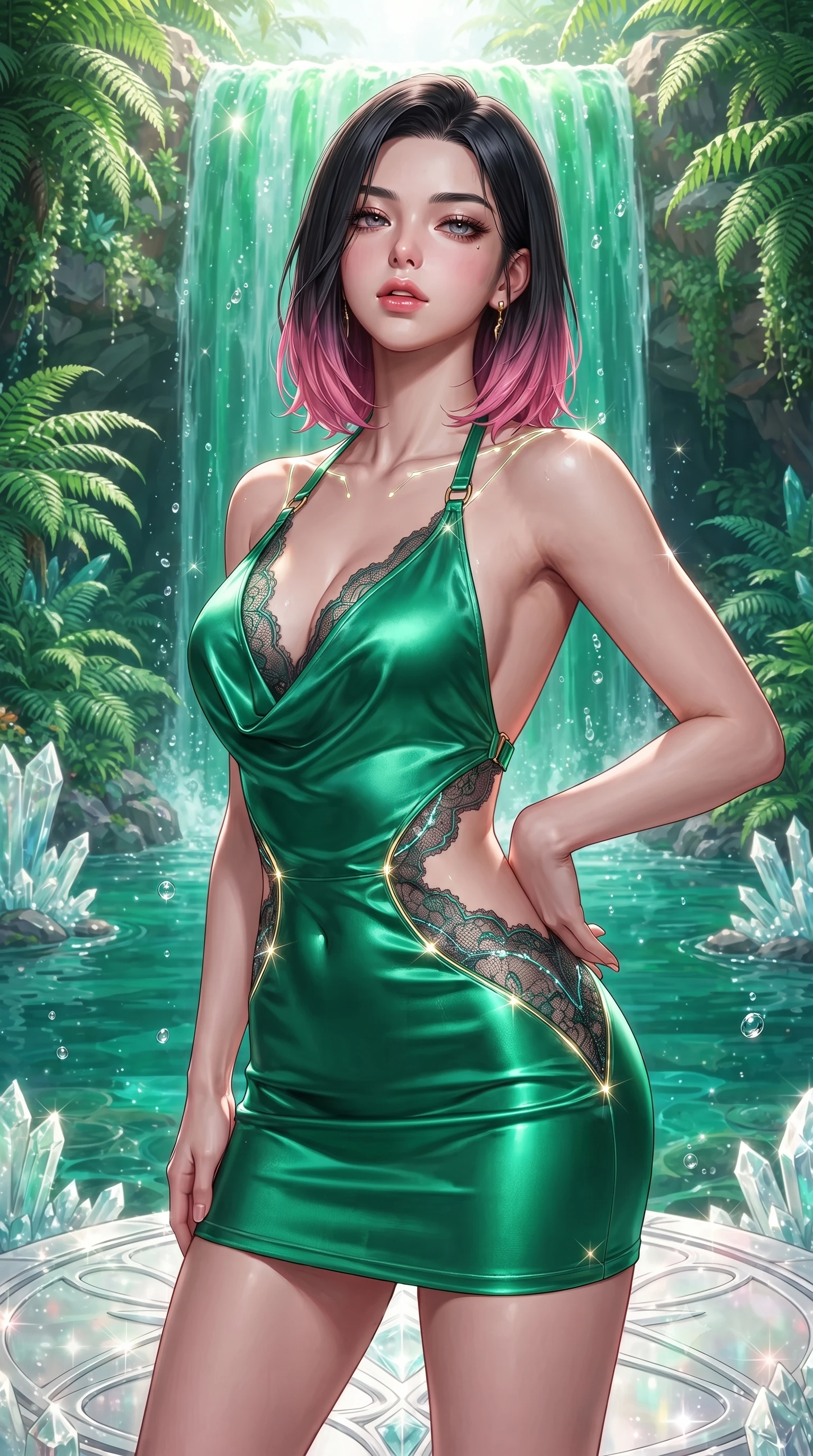 score_9, masterpiece, best quality, ultra-detailed, high-budget anime keyframe, editorial fashion photography, tasteful artistic composition, Korean woman. close-up cowboy shot from the waist and thighs up, the character dominates the composition, filling the frame with her large presence. casting a slow, smoldering gaze beneath heavy lashes with parted glossy lips, her head slightly tilted in captivating self-assurance while standing beneath a sun-drenched cascading waterfall of pure emerald water on a polished white crystal dais. The surrounding environment is rendered in vivid detail and crisp panoramic clarity. intricate white crystal stone veins, crystal-clear emerald water pools, and lush tropical ferns in deep focus. She has an exceptionally elegant, slender, and willowy female figure with an ultra-slim waist, a gracefully sculpted slender torso, toned flat midriff, and a refined slim silhouette. sharp v-shaped jawline, high-bridge nose, intricate jewel-like eyes with depth, thick eyelashes, glossy lips with a natural sheen, flawlessly proportioned anatomical accuracy, strict slender model proportions, natural body alignment, perfectly sculpted long slender limbs, ultra-slim waistline, clean dynamic posture without body distortion. wearing a form-contouring liquid satin halter-neck mini dress with a deep crossover cowl front, open back, and ultra-slender waist drape in bright emerald green satin and gold hardware, crafted from delicate dark lace interwoven with luminescent micro-fibers, accented with glowing fiber-optic seams tracing her collarbones and hip curves, the precision-cut daring openings accentuating her delicate midriff, graceful bare collarbones, and ultra-slim feminine waistline. illuminated by sparkling water droplet refractions and crisp white key lighting. ultra-reflective glossy finish, specular highlights, metallic sheen, high-contrast stereoscopic depth, volumetric dynamic lighting, 2k, ultra detail, master piece, 9:16 ratio