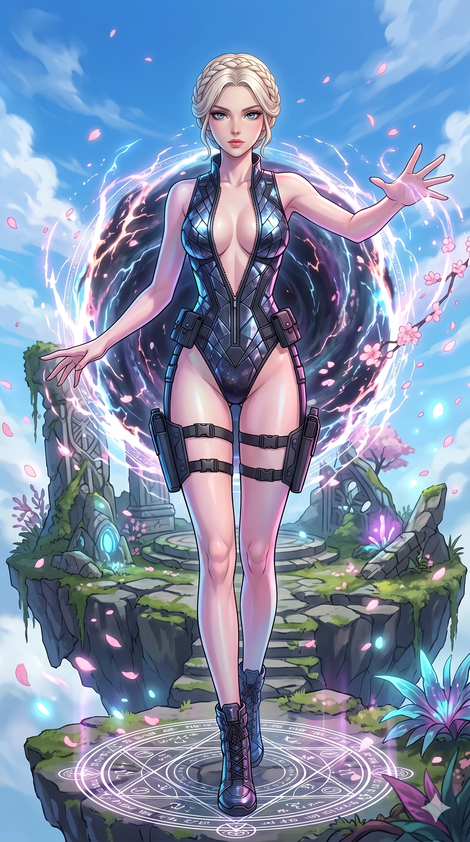 score_9, masterpiece, best quality, ultra-detailed, High-budget Anime Keyframe, vibrant colors, fluid line-art, expressive lighting, cinematic composition, Ufotable-style visual effects, top-tier animation quality, Japanese woman with delicate and elegant anime-inspired features. Wide-angle low shot emphasizing her impossibly long slender legs and commanding stature. Summoning a swirling portal to another dimension with her bare hands, the edges of the rift crackling with unstable energy. She has an absolutely perfect 8-heads proportion, an exceptionally tall and slender female figure with impossibly long slender legs and an ultra-slim waist, her statuesque height and towering silhouette dominating the vertical 9:16 frame. Her face is a masterpiece featuring a sharp v-shaped jawline, high-bridge nose, intricate jewel-like eyes with depth, thick eyelashes, and glossy lips with a natural sheen. She is wearing a Sleek tactical leotard with thigh-high holsters, unzipped deeply to show her midriff crafted from Obsidian-glass scales that shimmer with a dark, crystalline brilliance, with a dangerous high slit that showcases her impossibly long slender legs. The scene is set in an ancient floating island with pink cherry blossoms falling like snow against a blue sky, illuminated by soft bioluminescent glow from the environment casting ethereal colors on her skin. 2k, ultra detail, master piece, 9:16 ratio