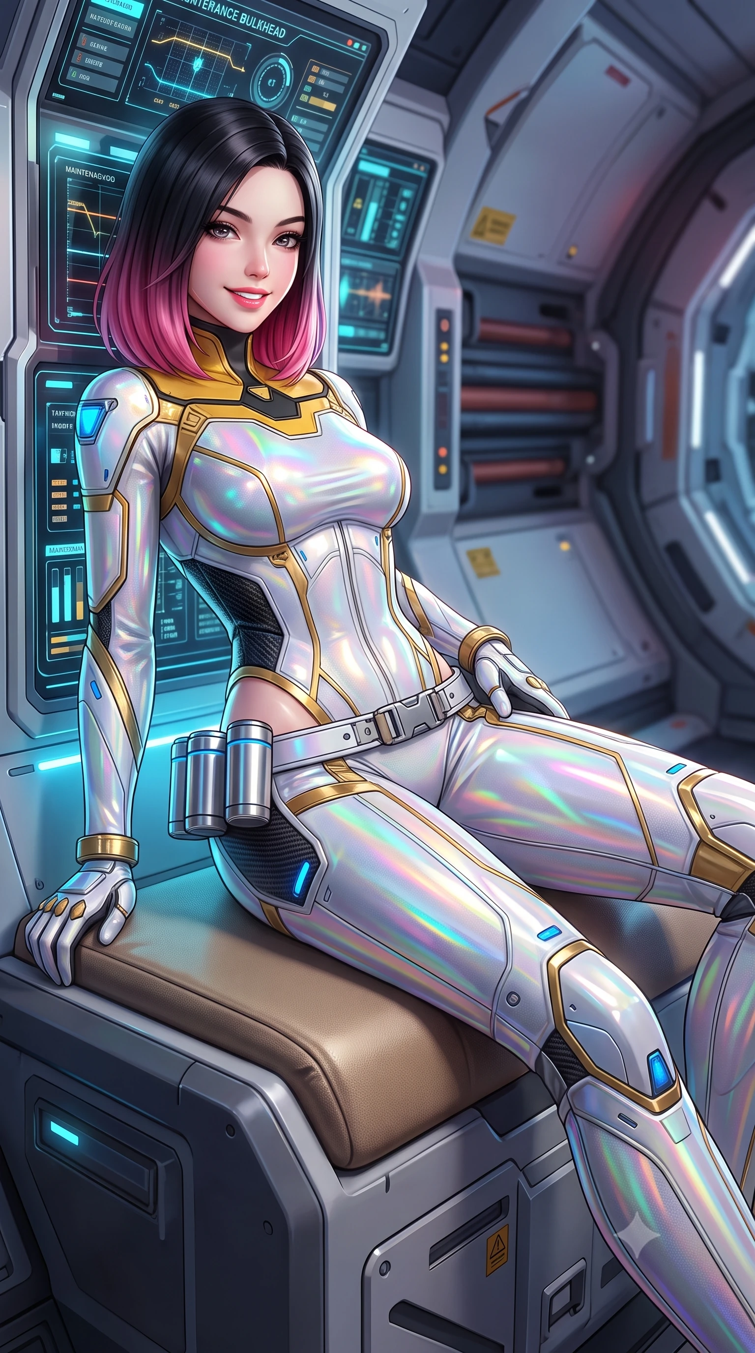 score_9, masterpiece, best quality, ultra-detailed, high-budget anime keyframe, semi-realistic 3D game render, editorial fashion photography, tasteful artistic composition, Korean woman. close-up cowboy shot from the waist and thighs up, the character dominates the composition, filling the frame with her large presence. leaning back against the glowing maintenance bulkhead with relaxed seductive grace, her flat midriff and narrow waist highlighted as laser ambient light traces her curves while lounging gracefully on a diagnostics terminal seat with legs extended, displaying her long slender limbs and toned flat midriff with majestic poise. The surrounding environment is rendered in vivid detail and crisp panoramic clarity: detailed carbon-fiber suit texture, Cherenkov blue specular highlights on armor, and particle physics tunnel architecture in high clarity. She has an exceptionally elegant, slender, and willowy female figure with an ultra-slim waist, flat toned midriff, narrow ribcage, and sculpted feminine hips creating an alluring, slim hourglass silhouette without bulk. sharp v-shaped jawline, high-bridge nose, intricate jewel-like sparkling eyes with depth, thick eyelashes, glossy parted lips with a natural sheen, bright confident smile with an enchanting and coquettish sensual glint, exuding both youthful magnetic charm and sovereign high-tech allure, flawlessly proportioned anatomical accuracy, strict slender model proportions, natural body alignment, perfectly sculpted long slender limbs, ultra-slim waistline, clean dynamic posture without body distortion. wearing a form-fitting white-and-gold zero-gravity EVA jumpsuit with an ultra-slim corseted waist and exposed clavicle line in industrial hazard yellow and matte carbon black, woven from layered gossamer holographic organza casting chromatic prism reflections, accented with a sleek utility belt with polished magnetic canisters resting loosely on her curvy hips, the form-fitting tactical tailoring adhering flawlessly to her sculpted flat midriff and slender torso, emphasizing her long leg lines and perfectly proportioned willowy build. illuminated by instrument status LEDs and sharp platinum rim lights carving her razor-sharp jawline, narrow waist, and curvy hips. highly saturated vibrant anime colors, detailed shading with soft gradients, rich glossy textures, high-contrast stereoscopic depth, volumetric dynamic lighting, master piece, 9:16 ratio