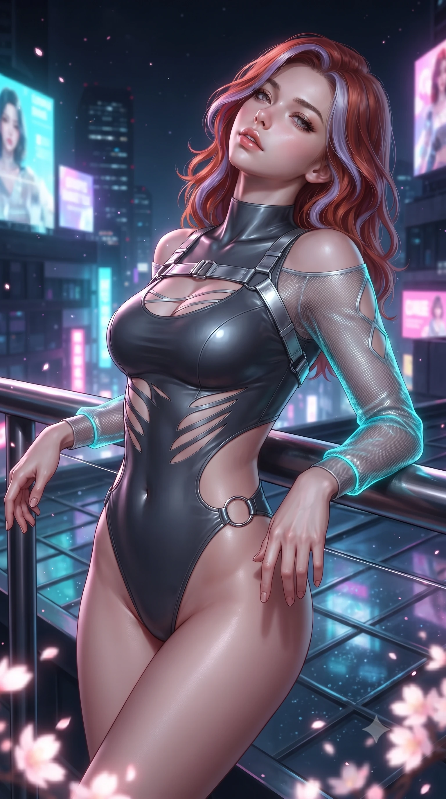 score_9, masterpiece, best quality, ultra-detailed, high-budget anime keyframe, editorial fashion photography, tasteful artistic composition, Caucasian woman. close-up cowboy shot from the waist and thighs up, the character dominates the composition, filling the frame with her large presence. tilting her head back with a sensual alluring expression, exposing her throat and shoulders to the camera with heavy lashes and softly parted glossy lips while leaning dangerously against a sleek rooftop railing overlooking an infinite neon-lit metropolis. The surrounding environment is rendered in vivid detail and crisp panoramic clarity. glistening glass rooftop tiles, sharp neon billboard reflections, and glowing sakura petal edges in deep focus. She has an exceptionally elegant, slender, and willowy female figure with an ultra-slim waist, a gracefully sculpted slender torso, and a refined silhouette. sharp v-shaped jawline, high-bridge nose, intricate jewel-like eyes with depth, thick eyelashes, glossy lips with a natural sheen, flawlessly proportioned anatomical accuracy, natural body alignment, perfectly sculpted elegant limbs, clean dynamic posture without body distortion. wearing an ultra-sleek high-cut tech-bodysuit featuring dangerous diagonal slitted cutouts on the midriff and shoulders, reinforced by a metallic silver harness and sheer mesh sleeves in liquid mercury silver and glowing electric cyan, crafted from ultra-reflective second-skin latex with a glass-like polish, detailed with polished silver rings connecting the daring side-waist cutouts, the liquid-tight fabric adhering flawlessly to her sculpted torso and slender silhouette. surrounded by a dizzying, windswept, and exhilarating high-altitude sensual aura. ultra-reflective glossy finish, specular highlights, metallic sheen, high-contrast stereoscopic depth, volumetric dynamic lighting, 2k, ultra detail, master piece, 9:16 ratio