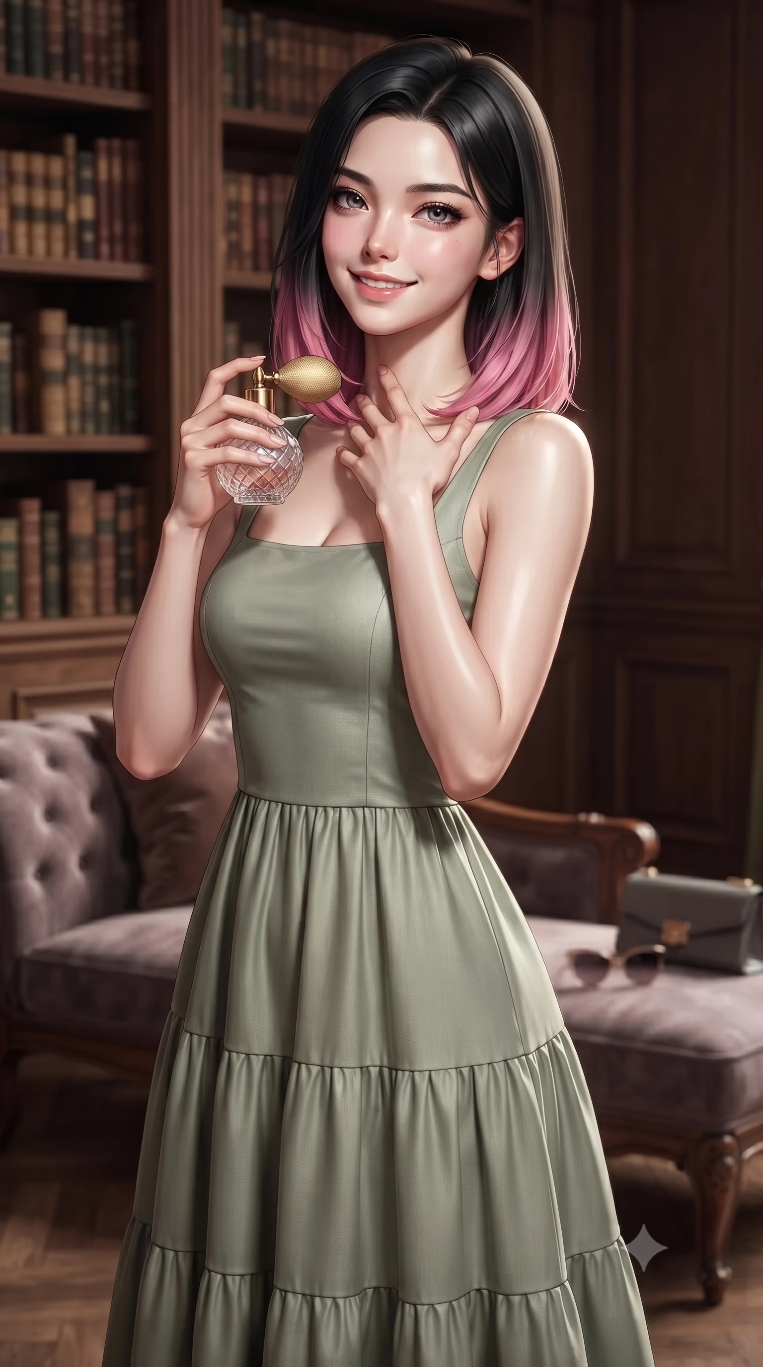 score_9, masterpiece, best quality, ultra-detailed, high-budget anime keyframe, editorial fashion photography, tasteful artistic composition, Korean woman. close-up cowboy shot from the waist and thighs up, the character dominates the composition, filling the frame with her large presence, background elements kept in soft focus. holding a vintage perfume bottle to her neck, smiling with quiet magnetic self-assurance set against a soft-focus background of inside an exclusive historic manor library with a pair of designer sunglasses and a sleek leather clutch bag on the lounger. She has an exceptionally elegant, slender, and willowy female figure with an ultra-slim waist, a gracefully sculpted slender torso, and a refined silhouette. sharp v-shaped jawline, high-bridge nose, intricate jewel-like eyes with depth, thick eyelashes, glossy lips with a natural sheen. wearing form-contouring sage green matte silk flowy linen sundress with a comfortable tiered skirt silhouette featuring refined tailored seams. accented by a single dramatic key light highlighting her statuesque posture and slim waist. ultra-reflective glossy finish, specular highlights, metallic sheen, high-contrast stereoscopic depth, volumetric dynamic lighting, 2k, ultra detail, master piece, 9:16 ratio