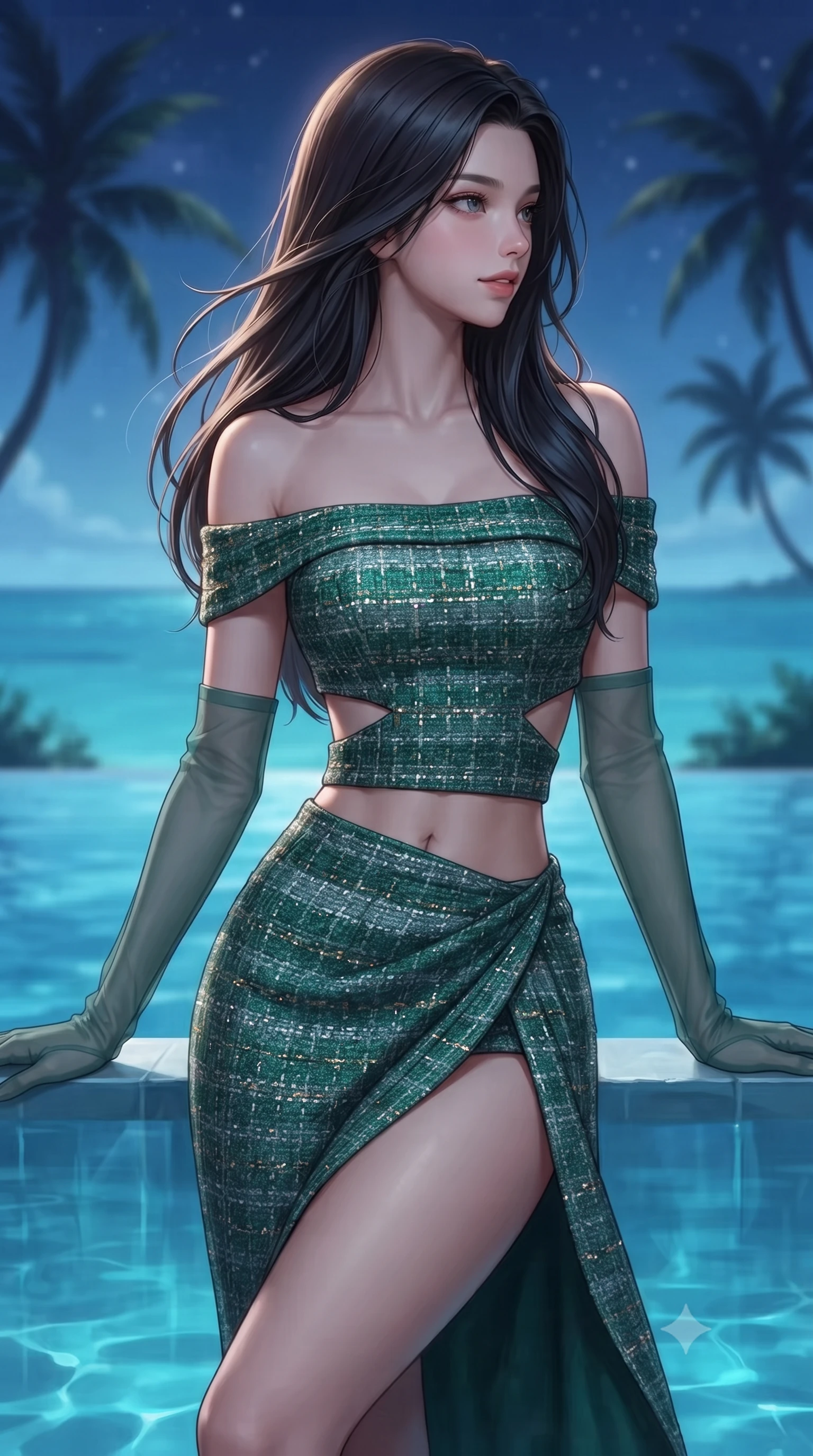score_9, masterpiece, best quality, ultra-detailed, high-budget anime keyframe, editorial fashion photography, tasteful artistic composition, Korean woman. close-up cowboy shot from the waist and thighs up, the character dominates the composition, filling the frame with her large presence. turning slowly with an enchanting smoldering smile, her glossy hair tossing in the breeze as her hips angle gracefully in a captivating contrapposto while leaning against the acrylic infinity pool edge with hips cocked back, looking across the vast Indian Ocean with smoldering bedroom-eyes. The background shows a soft-focus infinite turquoise ocean horizon, silhouettes of curved coconut palms against twilight stars, and coral reef breaks blurred into cyan, sapphire, and diamond bokeh. She has an exceptionally elegant, slender, and willowy female figure with an ultra-slim waist, flat toned midriff, narrow ribcage, and sculpted feminine hips creating an alluring, slim hourglass silhouette without bulk. sharp v-shaped jawline, high-bridge nose, intricate jewel-like sparkling eyes with depth, thick eyelashes, glossy parted lips with a natural peach sheen, bright cheerful beaming smile with an enchanting and coquettish sensual glint, exuding both youthful cute charm and seductive allure, flawlessly proportioned anatomical accuracy, strict slender model proportions, natural body alignment, perfectly sculpted long slender limbs, ultra-slim waistline, clean dynamic posture without body distortion. wearing an alluring off-the-shoulder crop top with asymmetrical side-torso cutouts and a high-slit wrap skirt in Art Nouveau malachite green and antique starlight silver, woven from structured British tweed with subtle metallic flecks, complemented by sheer opera-length evening gloves tracing her slender arms, the precision-cut side openings and low-back scoop framing her graceful spine and the sensual sweep of her slim, toned hips. illuminated by water surface specular bounce and sharp cyan-and-platinum dual rim lights sculpting her jawline, narrow waist, and curvy hips. ultra-reflective glossy finish, specular highlights, rich textural contrasts, high-contrast stereoscopic depth, volumetric dynamic lighting, 2k, ultra detail, master piece, 9:16 ratio