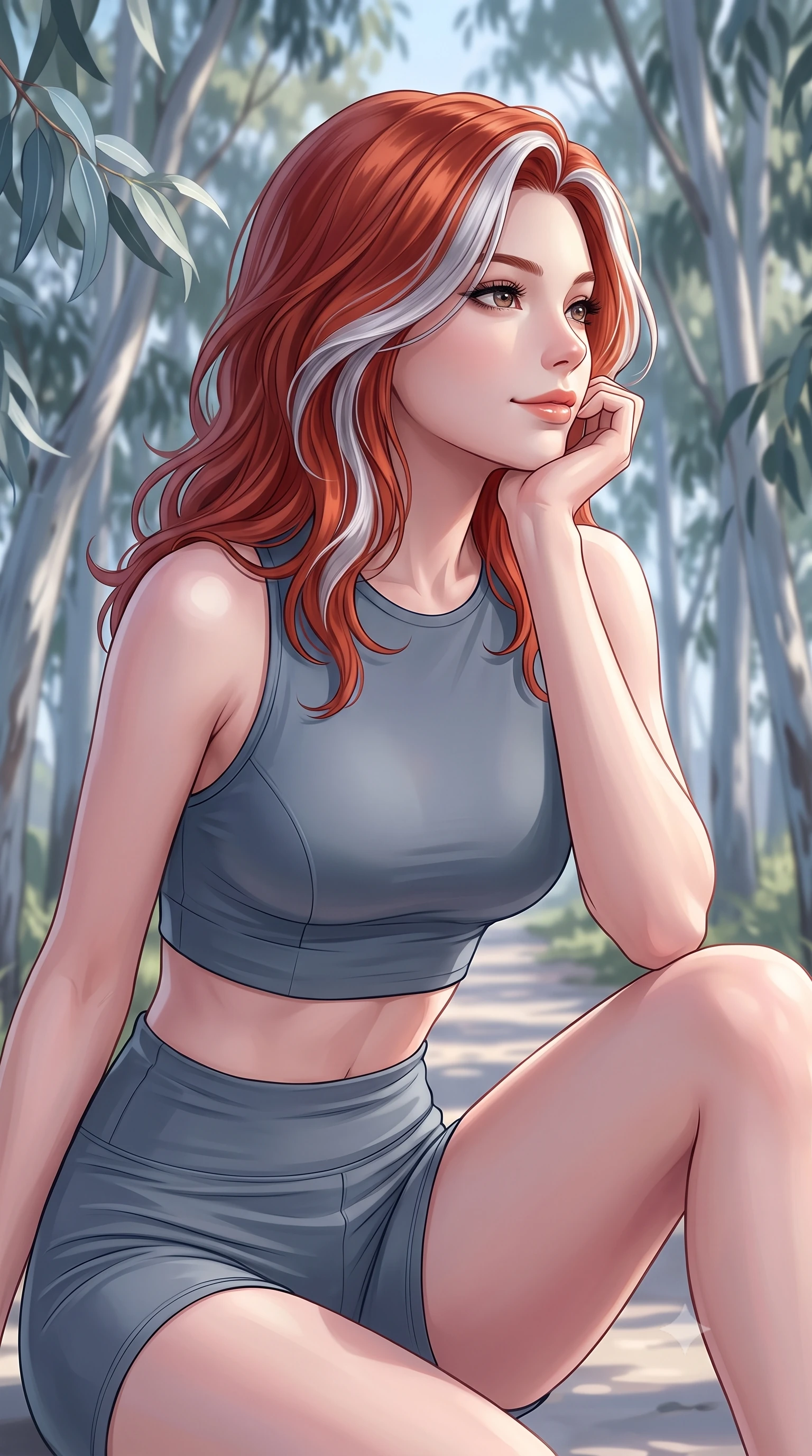 score_9, masterpiece, best quality, ultra-detailed, high-budget anime keyframe, editorial fashion photography, tasteful artistic composition, Caucasian woman woman. close-up cowboy shot from the waist and thighs up, the character dominates the composition, filling the frame with her large presence, background elements kept in soft focus. resting her chin on her hand, looking out at the beautiful scenery with a soft smile the background shows a soft-focus a path lined with tall eucalyptus trees, their silver-blue leaves rustling in the wind. She has an exceptionally elegant, slender, and willowy female figure with an ultra-slim waist, a gracefully sculpted slender torso, and a refined silhouette. sharp v-shaped jawline, high-bridge nose, intricate jewel-like eyes with depth, thick eyelashes, glossy lips with a natural sheen. wearing a tailored body-hugging athletic crop top and high-waisted shorts set in slate grey. soft afternoon sunbeams coloring the path in cool silver and green. 2k, ultra detail, master piece, 9:16 ratio