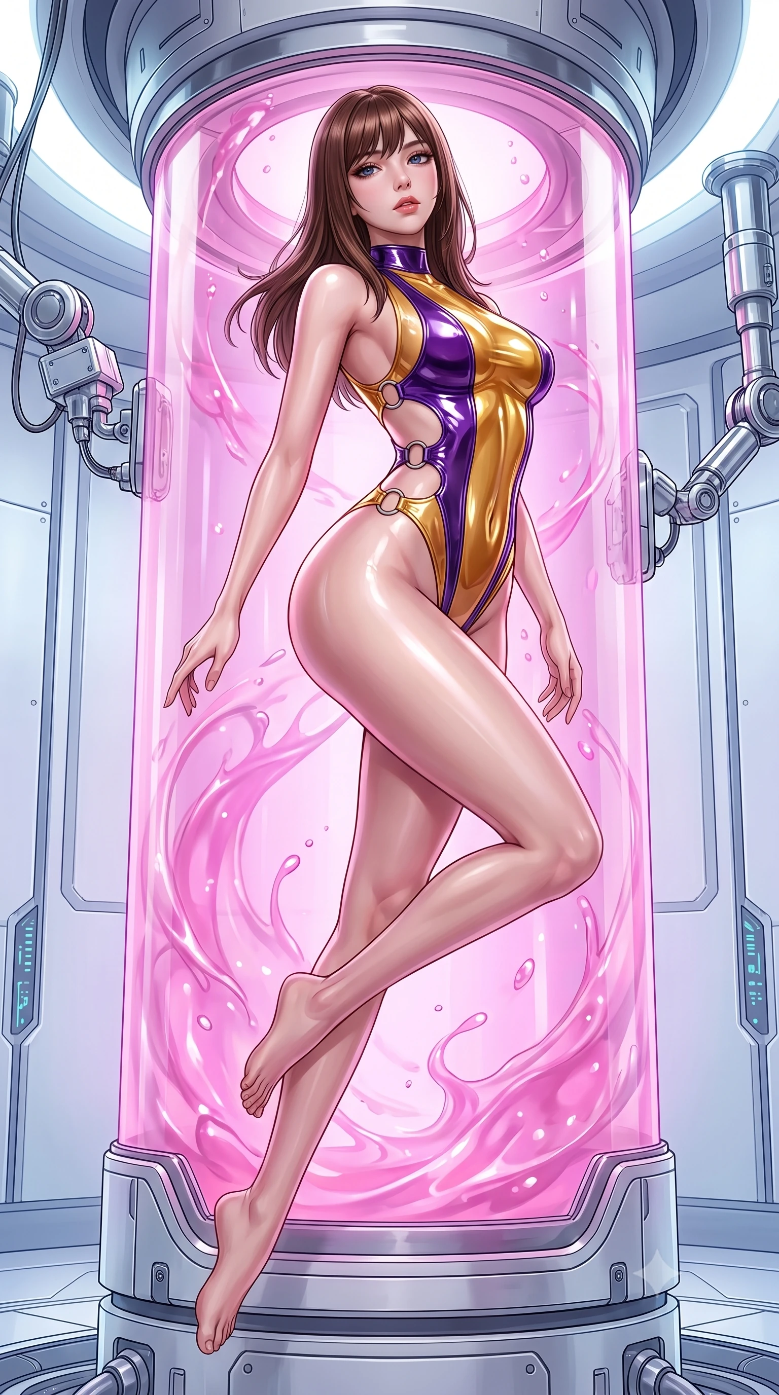 score_9, masterpiece, best quality, ultra-detailed, high-budget anime keyframe, semi-realistic 3D game render, editorial fashion photography, tasteful artistic composition, Korean woman. low angle full-body shot from head to toe showing her feet, filling the entire 9:16 vertical frame with her statuesque presence, stretching her vertical silhouette. arching her back in a fluid zero-gravity turn with sovereign grace, her long slender legs and sculpted torso creating a sweeping line while emerging with hypnotic grace from a cylindrical glass capsule filled with luminous pink nano-gel. The surrounding environment is rendered in vivid detail and crisp panoramic clarity. detailed chrome medical armatures, high-precision laboratory sensors, and circuit seams in high clarity. She has an absolutely perfect, statuesque 8.5-heads proportion, an exceptionally tall and slender model-like female figure with impossibly long slender legs and an ultra-slim waist. sharp v-shaped jawline, high-bridge nose, intricate jewel-like eyes with depth, thick eyelashes, glossy lips with a natural sheen, flawlessly proportioned anatomical accuracy, natural body alignment, perfectly sculpted elegant limbs, clean dynamic posture without body distortion. wearing a high-cut translucent vinyl leotard with front paneling, exposed side-rib cutouts, and an open back in lustrous molten gold and pure deep violet, formed from high-gloss patent material with specular light reflections, detailed with polished silver rings connecting the daring side-waist cutouts, the liquid-tight fabric adhering flawlessly to her sculpted torso and slender silhouette. surrounded by a sterile yet deeply seductive, ethereal, and pristine android rebirth atmosphere. highly saturated vibrant anime colors, detailed shading with soft gradients, rich glossy textures, high-contrast stereoscopic depth, volumetric dynamic lighting, master piece, 9:16 ratio