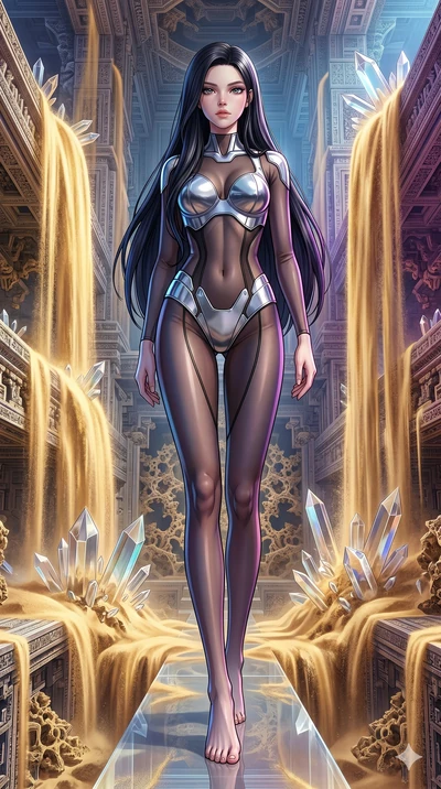 score_9, masterpiece, best quality, ultra-detailed, high-budget anime keyframe, Caucasian woman, strictly human ears. low angle full-body shot filling the entire 9:16 frame with her statuesque presence, stretching the vertical silhouette. descending 