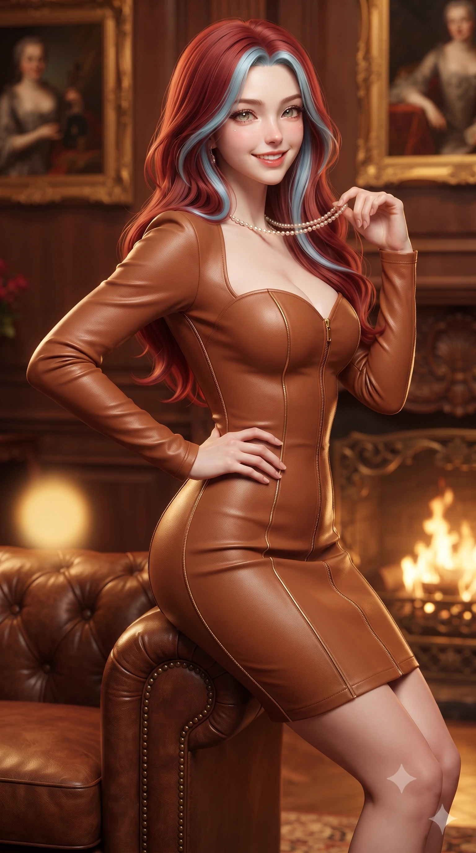 score_9, masterpiece, best quality, ultra-detailed, high-budget anime keyframe, editorial fashion photography, tasteful artistic composition, Caucasian woman. close-up cowboy shot from the waist and thighs up, the character dominates the composition, filling the frame with her large presence. leaning gracefully against the carved mantelpiece with one hand on her hip, showcasing her slender waist and feminine posture while perched sideways on the arm of the leather sofa, one hand toyed playfully with her pearl necklace as she glances toward the viewer. The background shows a soft-focus flickering golden firelight from ornate hearth, oil paintings in gilded rococo frames, and rich wood wall paneling blurred into mahogany, crimson, and gold bokeh. She has an exceptionally elegant, slender, and willowy female figure with an ultra-slim waist, flat toned midriff, narrow ribcage, and sculpted feminine hips creating an alluring, slim hourglass silhouette without bulk. sharp v-shaped jawline, high-bridge nose, intricate jewel-like sparkling eyes with depth, thick eyelashes, glossy parted lips with a natural peach sheen, bright cheerful beaming smile with an enchanting and coquettish sensual glint, exuding both youthful cute charm and seductive allure, flawlessly proportioned anatomical accuracy, strict slender model proportions, natural body alignment, perfectly sculpted long slender limbs, ultra-slim waistline, clean dynamic posture without body distortion. wearing a sculpted sweetheart-neckline knit bodycon dress with long fitted sleeves and an ultra-snug bodice in warm winter cinnamon and toasted caramel, crafted from buttery-soft stretch lambskin leather adhering to her body like a second skin, featuring fine gold zipper details tracing the vertical spine and contour seams, the glove-like clinging cut tightly following the natural contour of her hips and long slender legs with youthful 8.5-heads elegance. illuminated by dark wood paneling reflection bounce and warm amber rim lights sculpting her cheekbones, waistline, and slender posture. ultra-reflective glossy finish, specular highlights, rich textural contrasts, high-contrast stereoscopic depth, volumetric dynamic lighting, 2k, ultra detail, master piece, 9:16 ratio