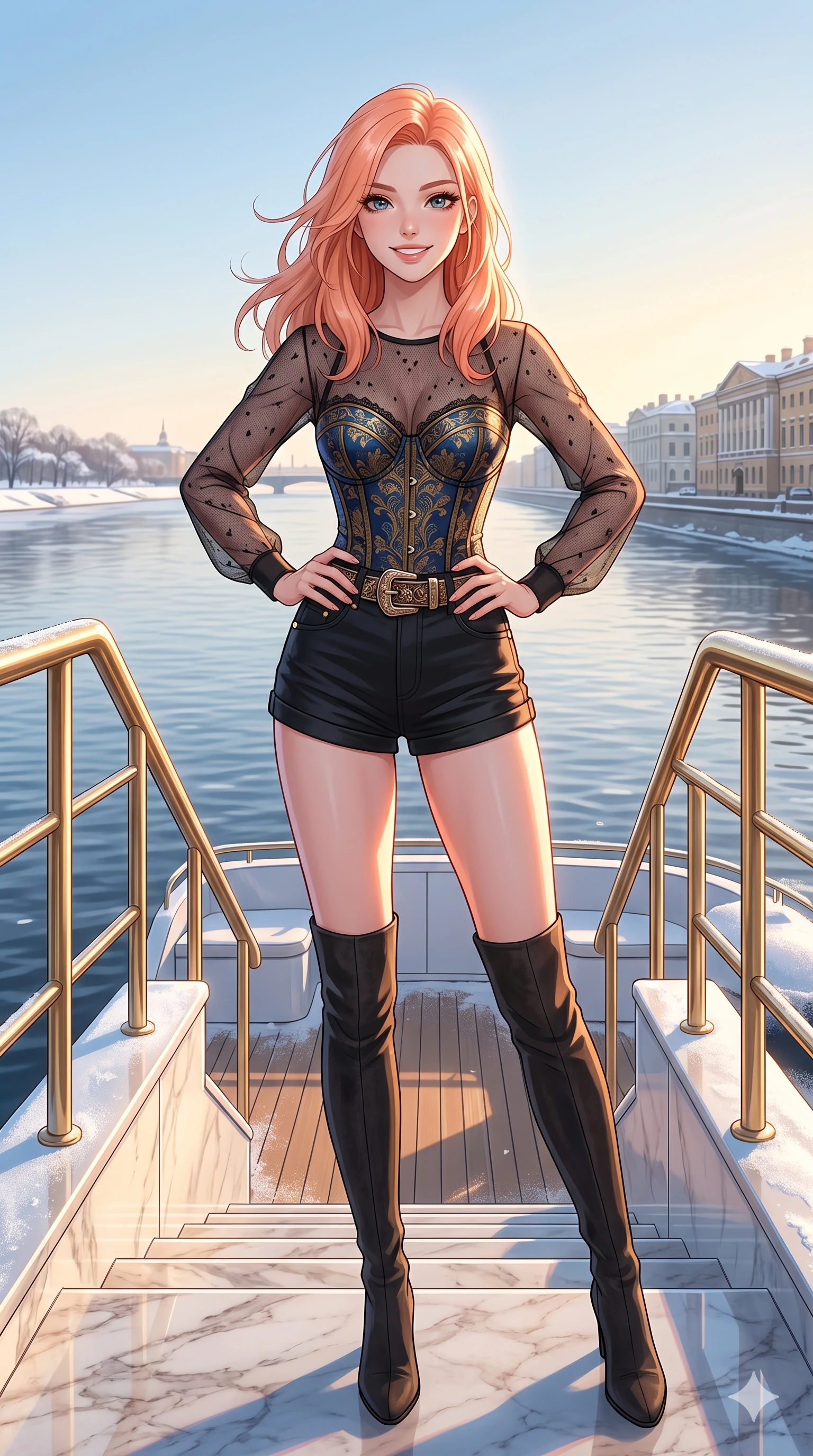 score_9, masterpiece, best quality, ultra-detailed, high-budget anime keyframe, vibrant anime aesthetic, Japanese woman. cowboy shot from the thighs up, character and outfit filling the frame for maximum presence. She is standing on the marble steps, looking at the camera with a radiant winter smile on the deck of a luxury riverboat in the winter sun (Code-P21-128). She has an absolutely perfect 8-heads proportion, an exceptionally tall and slender female figure with impossibly long slender legs and an ultra-slim waist. V-shaped jawline, high-bridge nose, intricate jewel-like eyes with depth, thick eyelashes, glossy lips with a natural sheen. wearing a sheer mesh resort top paired with a structured corset and micro-shorts in winter. She is bathed in a luminous, warm sunshine highlighting her winter silhouette and features. 2k, ultra detail, master piece, 9:16 ratio