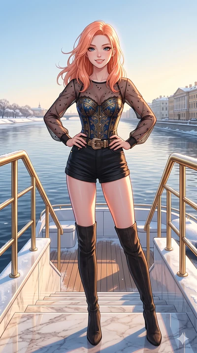 score_9, masterpiece, best quality, ultra-detailed, high-budget anime keyframe, vibrant anime aesthetic, Japanese woman. cowboy shot from the thighs up, character and outfit filling the frame for maximum presence. She is standing on the marble steps,