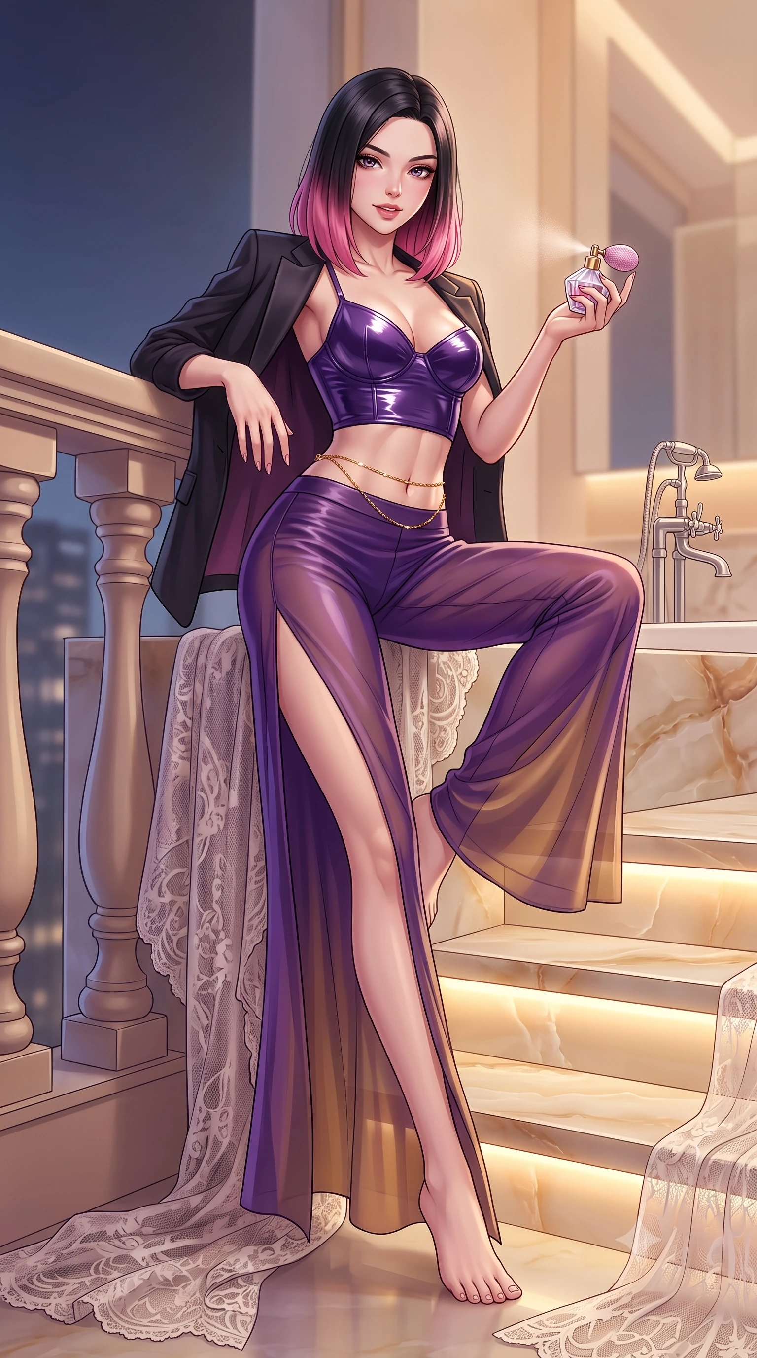 score_9, masterpiece, best quality, ultra-detailed, high-budget anime keyframe, semi-realistic 3D game render, editorial fashion photography, tasteful artistic composition, Korean woman. low angle full-body shot from head to toe showing her feet, filling the entire 9:16 vertical frame with her statuesque presence, stretching her vertical silhouette. leaning deep against the balcony balustrade with hips cocked back in an unapologetically alluring high-fashion stance, casting an intoxicating glance while sitting perched on the wide stepped onyx platform with legs crossed, holding a crystal perfume atomizer with an enchanting, parted-lip smile. The surrounding environment is rendered in vivid detail and crisp panoramic clarity: detailed delicate sheer French Chantilly lace teddy drape, open tailored tuxedo blazer slipping off shoulders, and bespoke luxury plumbing in razor-sharp precision. She has an absolutely perfect, statuesque 8.5-heads proportion, an exceptionally tall and slender model-like female figure with impossibly long slender legs, an ultra-slim waist, a flat toned midriff, narrow delicate ribcage, and beautifully sculpted feminine hips creating a graceful, slim hourglass silhouette without any bulky heaviness. sharp v-shaped jawline, high-bridge nose, sparkling eyes with hypnotic seductive depth, thick curled eyelashes, glossy parted lips with a natural dewy peach sheen, alluring bedroom-eyes with an enchanting coquettish smile, exuding magnetic siren charisma and sophisticated glamour, flawlessly proportioned anatomical accuracy, strict slender model proportions, natural body alignment, perfectly sculpted long slender limbs, ultra-slim waistline, clean dynamic posture without body distortion. wearing a wet-look form-fitting vinyl bustier paired with sheer chiffon high-slit wide-leg trousers in royal amethyst purple and gilded bronze, woven from buttery-soft stretch lambskin leather adhering to her body like a second skin, accented with a dainty gold belly chain resting across her flat midriff and curving hips, the second-skin tailored fabric adhering flawlessly to her sculpted flat midriff and slender torso, emphasizing her long leg lines and perfectly proportioned willowy build. bathed in soft 2700K concealed warm LED cove lighting beneath the stepped onyx platform mixed with exterior city ambient fill. highly saturated vibrant anime colors, detailed shading with soft gradients, rich glossy textures, high-contrast stereoscopic depth, volumetric dynamic lighting, master piece, 9:16 ratio
