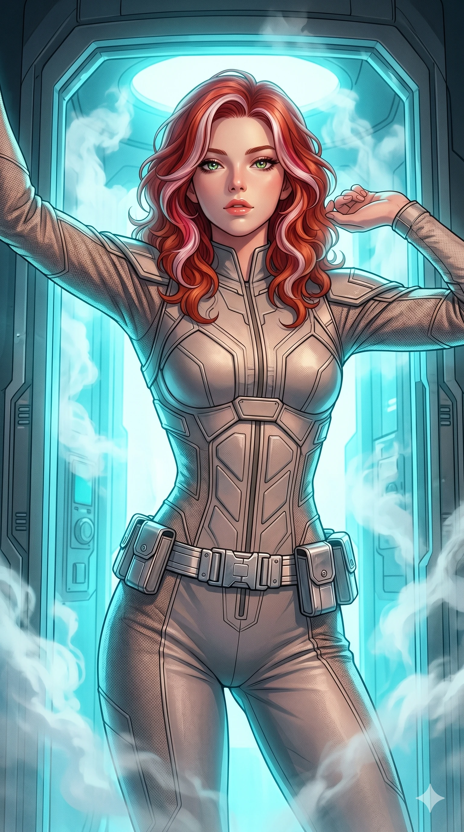 score_9, masterpiece, best quality, ultra-detailed, high-budget anime keyframe, editorial fashion photography, tasteful artistic composition, Caucasian woman, strictly human ears. Upper body close-up from the thighs up, character filling the screen for maximum presence. She is stepping out of a glowing cryo-chamber filled with evaporating white volumetric steam. She stretches her arms with a commanding, waking-up expression. She has an absolutely perfect 8-heads proportion, a tall and elegant figure with a refined silhouette and a defined waistline. V-shaped jawline, high-bridge nose, intricate jewel-like eyes with depth, thick eyelashes, glossy lips with a natural sheen. She is wearing a high-fashion tech-jumpsuit featuring structured panel overlays across the torso and shoulders, accented by a metallic silver utility belt and textured fabric sleeves. The scene is illuminated by intense cyan backlighting from the chamber and a warm white key light. 2k, ultra detail, master piece, 9:16 ratio