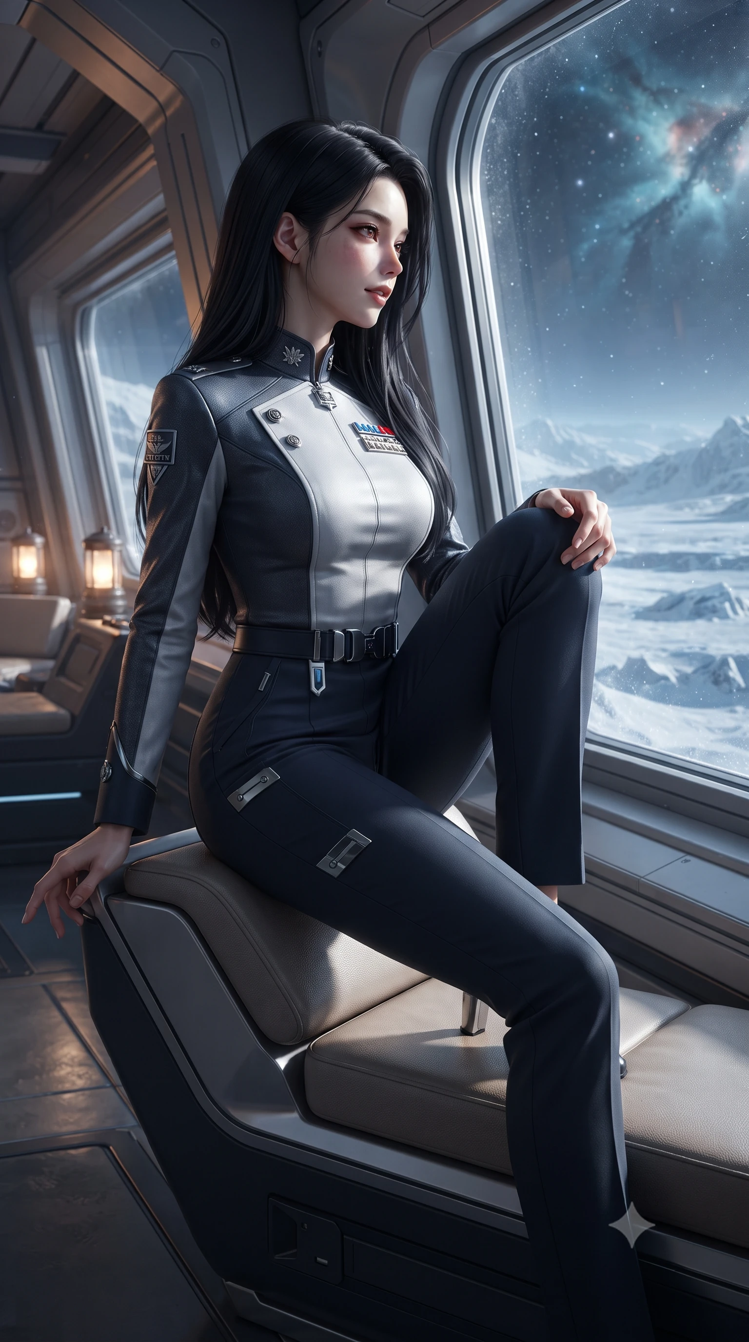 score_9, masterpiece, best quality, ultra-detailed, high-budget anime keyframe, editorial fashion photography, tasteful artistic composition, Korean woman. close-up cowboy shot from the waist and thighs up, the character dominates the composition, filling the frame with her large presence. perched sideways on the lounge seat, one knee drawn up to showcase her slender leg line while her arched back accentuates her feminine hip curve while leaning against the panoramic heated glass barrier with hips cocked back, watching frozen crystal plumes sparkle like diamond dust in sunlight with smoldering bedroom-eyes. The surrounding environment is rendered in vivid detail and crisp panoramic clarity: detailed outfit textures, second-skin fit, and world-class planetary outpost architecture in high resolution. She has an exceptionally elegant, slender, and willowy female figure with an ultra-slim waist, flat toned midriff, narrow ribcage, and sculpted feminine hips creating an alluring, slim hourglass silhouette without bulk. sharp v-shaped jawline, high-bridge nose, intricate jewel-like sparkling eyes with depth, thick eyelashes, glossy parted lips with a natural peach sheen, bright cheerful beaming smile with an enchanting and coquettish sensual glint, exuding both youthful cute charm and seductive allure, flawlessly proportioned anatomical accuracy, strict slender model proportions, natural body alignment, perfectly sculpted long slender limbs, ultra-slim waistline, clean dynamic posture without body distortion. wearing a tailored orbital colony command uniform in dark grey and white paneling with rank insignia pins and tailored straight-leg trousers in tactical carbon navy and polished chrome, tailored from high-density tech-wool with subtle metallic thread weave, finished with sleek magnetic buckle closures fluttering in the breeze, the impeccably tailored cut draping gracefully along her slender figure with aristocratic poise. bathed in crisp diamond sunlight reflecting off millions of frozen water-ice crystals combined with warm 2600K deck lanterns. ultra-reflective glossy finish, specular highlights, rich textural contrasts, high-contrast stereoscopic depth, volumetric dynamic lighting, 2k, ultra detail, master piece, 9:16 ratio