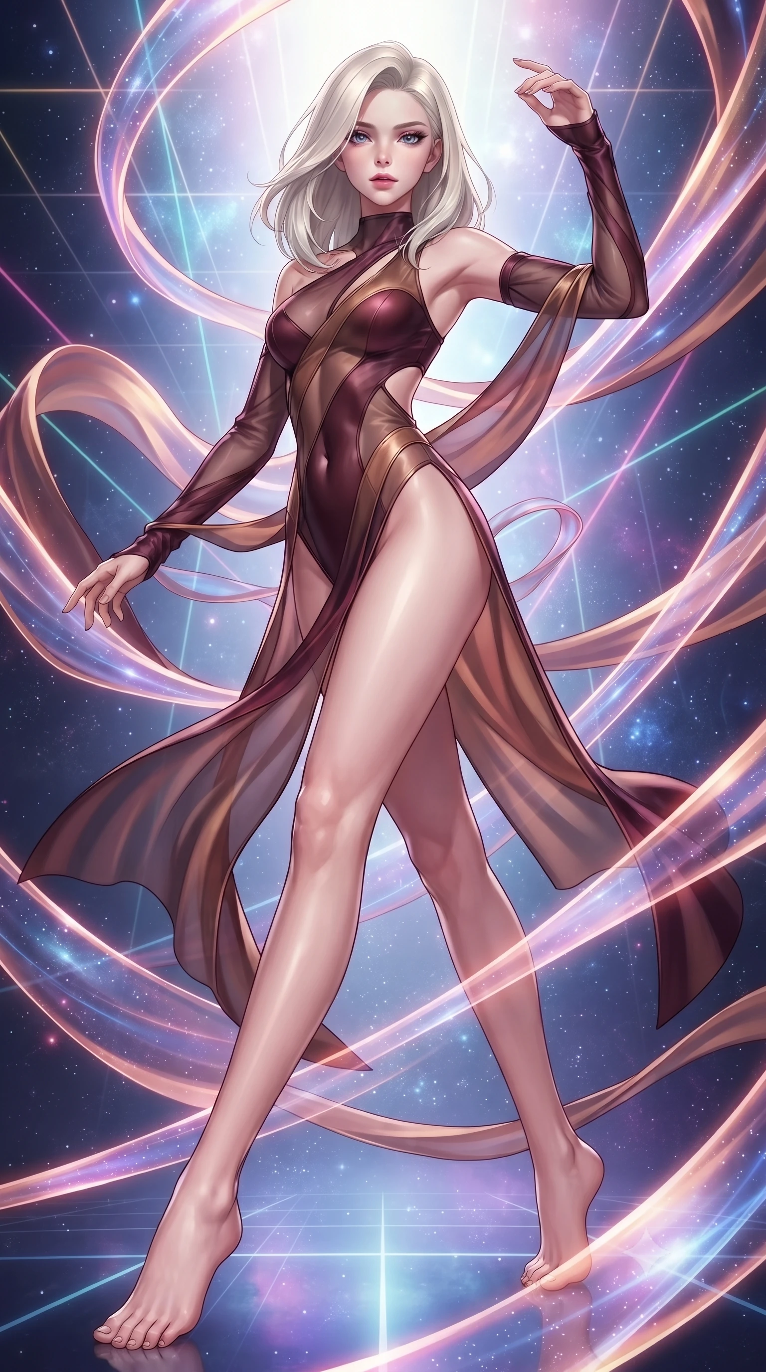 score_9, masterpiece, best quality, ultra-detailed, high-budget anime keyframe, editorial fashion photography, tasteful artistic composition, Caucasian woman. low angle full-body shot from head to toe showing her feet, filling the entire 9:16 vertical frame with her statuesque presence, stretching her vertical silhouette. navigating the luminous space with effortless poise, displaying her perfect model proportions navigating a maze of glowing silk ribbons that pulse to a cosmic rhythm, translucent silk ribbons swirling around her body like light streams. She has an absolutely perfect, statuesque 8.5-heads proportion, an exceptionally tall and slender model-like female figure with impossibly long slender legs and an ultra-slim waist. sharp v-shaped jawline, high-bridge nose, intricate jewel-like eyes with depth, thick eyelashes, glossy lips with a natural sheen. wearing an asymmetrical high-cut tech-bodysuit with detached sleeves in deep burgundy and bronze, woven from fine semi-opaque sheer organza, finished with a sleek side slit ascending to mid-thigh, the tailored fabric tightly following every curve of her athletic build. bathed in sharp geometric laser grid highlights and soft ambient fill. highly saturated vibrant anime colors, detailed shading with soft gradients, rich glossy textures, high-contrast stereoscopic depth, volumetric dynamic lighting, master piece, 9:16 ratio