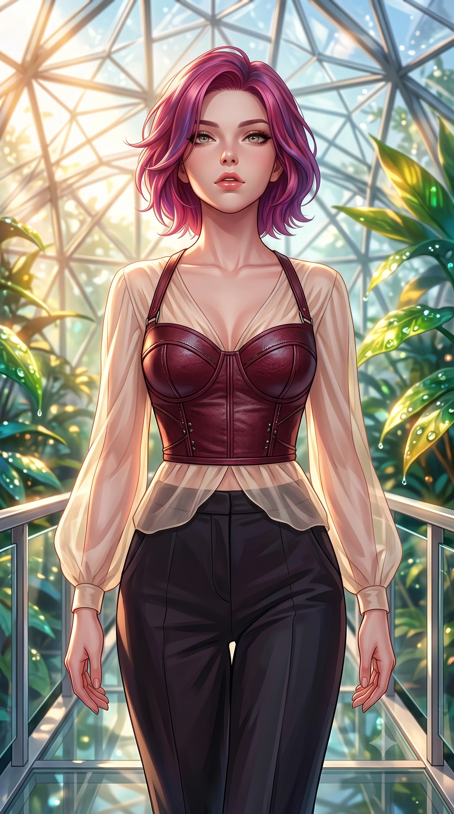 score_9, masterpiece, best quality, ultra-detailed, high-budget anime keyframe, editorial fashion photography, tasteful artistic composition, Caucasian woman. close-up cowboy shot from the waist and thighs up, the character dominates the composition, filling the frame with her large presence, background elements kept in soft focus. Tilting her chin up slightly with lips parted in a magnetic, composed expression walking along a platinum-framed glass walkway in a sunlit botanical dome, dewdrops on bioluminescent leaves reflecting vibrant emerald and gold. She has an exceptionally elegant, slender, and willowy female figure with an ultra-slim waist, a gracefully sculpted slender torso, and a refined silhouette. sharp v-shaped jawline, high-bridge nose, intricate jewel-like eyes with depth, thick eyelashes, glossy lips with a natural sheen. wearing a tailored leather bustier over a sheer silk chiffon blouse with tailored slacks, the elegant draped fit framing her graceful clavicle and slender torso. lit by warm golden-hour rays cascading through crystalline glass panes. highly saturated vibrant anime colors, detailed shading with soft gradients, rich glossy textures, high-contrast stereoscopic depth, volumetric dynamic lighting, master piece, 9:16 ratio