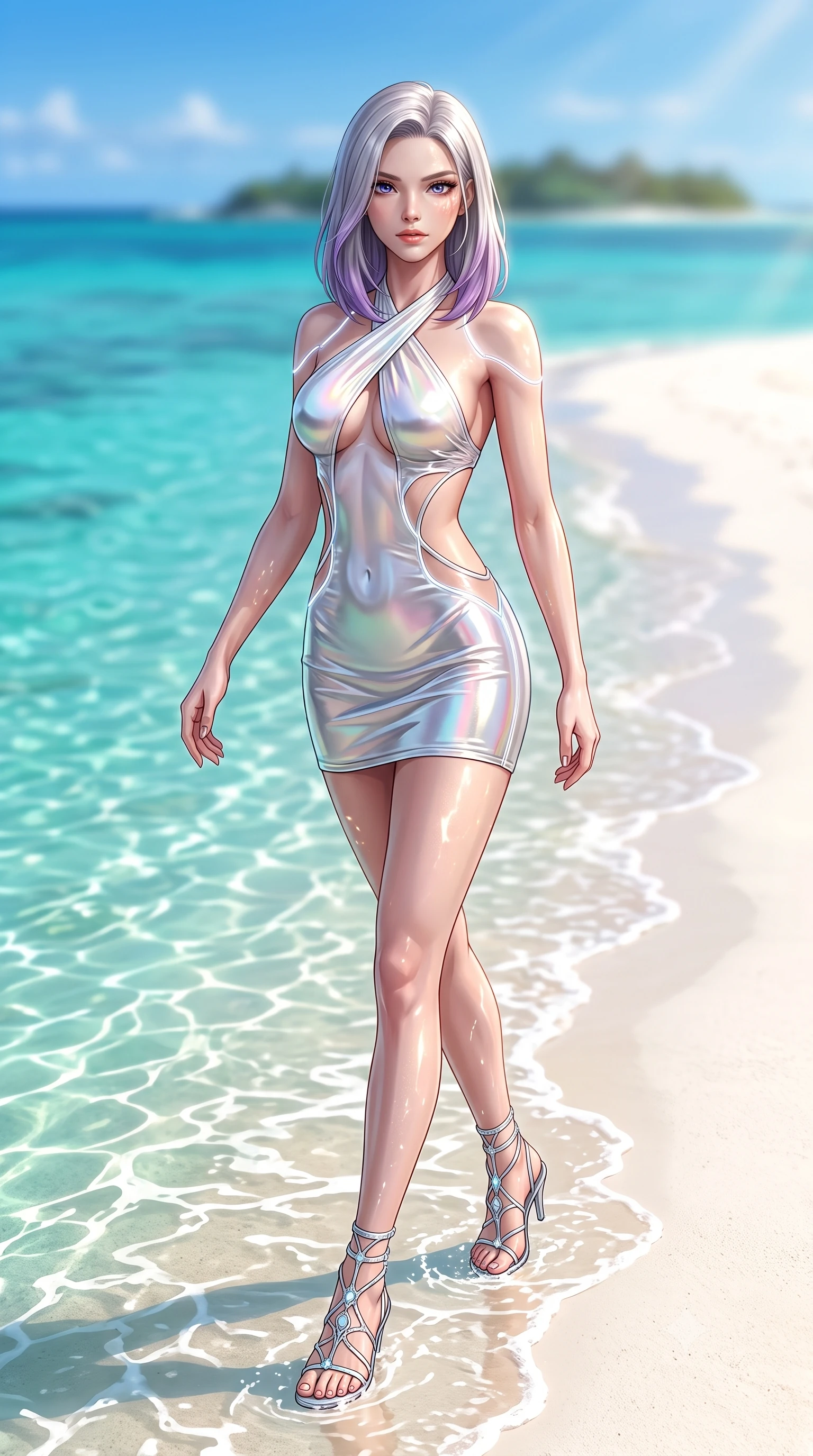 score_9, masterpiece, best quality, ultra-detailed, high-budget anime keyframe, semi-realistic 3D game render, editorial fashion photography, tasteful artistic composition, Caucasian woman. low angle full-body shot from head to toe showing her feet, filling the entire 9:16 vertical frame with her statuesque presence, stretching her vertical silhouette. pivoting dynamically in mid-motion with a breathtakingly alluring posture, displaying her flawless model proportions and ultra-slim waist while stepping along a pristine white sand sandbar as shallow emerald lagoon waves lap gently at her feet. The composition keeps background elements in soft focus with creamy bokeh. warm tropical sunbeams refracting through sea spray into a soft, glowing backdrop. She has an absolutely perfect, statuesque 8.5-heads proportion, an exceptionally tall and slender model-like female figure with impossibly long slender legs, a toned flat midriff, and an ultra-slim waist. sharp v-shaped jawline, high-bridge nose, intricate jewel-like eyes with depth, thick eyelashes, glossy lips with a natural sheen, flawlessly proportioned anatomical accuracy, strict slender model proportions, natural body alignment, perfectly sculpted long slender limbs, ultra-slim waistline, clean dynamic posture without body distortion. wearing a molten silver liquid-metal mini dress featuring deep side-waist cutouts and a daring crossover halter neckline in glistening liquid pearl white with rainbow opalescence, tailored from semi-translucent cybernetic vinyl with glowing micro-filaments, accented with glowing fiber-optic seams tracing her collarbones and hip curves, the glove-like aerodynamic second-skin fit tightly clinging to her ultra-slender waist and athletic curves without adding bulk, accentuating her razor-sharp statuesque lines and slim hourglass silhouette. bathed in dazzling tropical morning sunlight and glittering ocean water caustics. highly saturated vibrant anime colors, detailed shading with soft gradients, rich glossy textures, high-contrast stereoscopic depth, volumetric dynamic lighting, master piece, 9:16 ratio