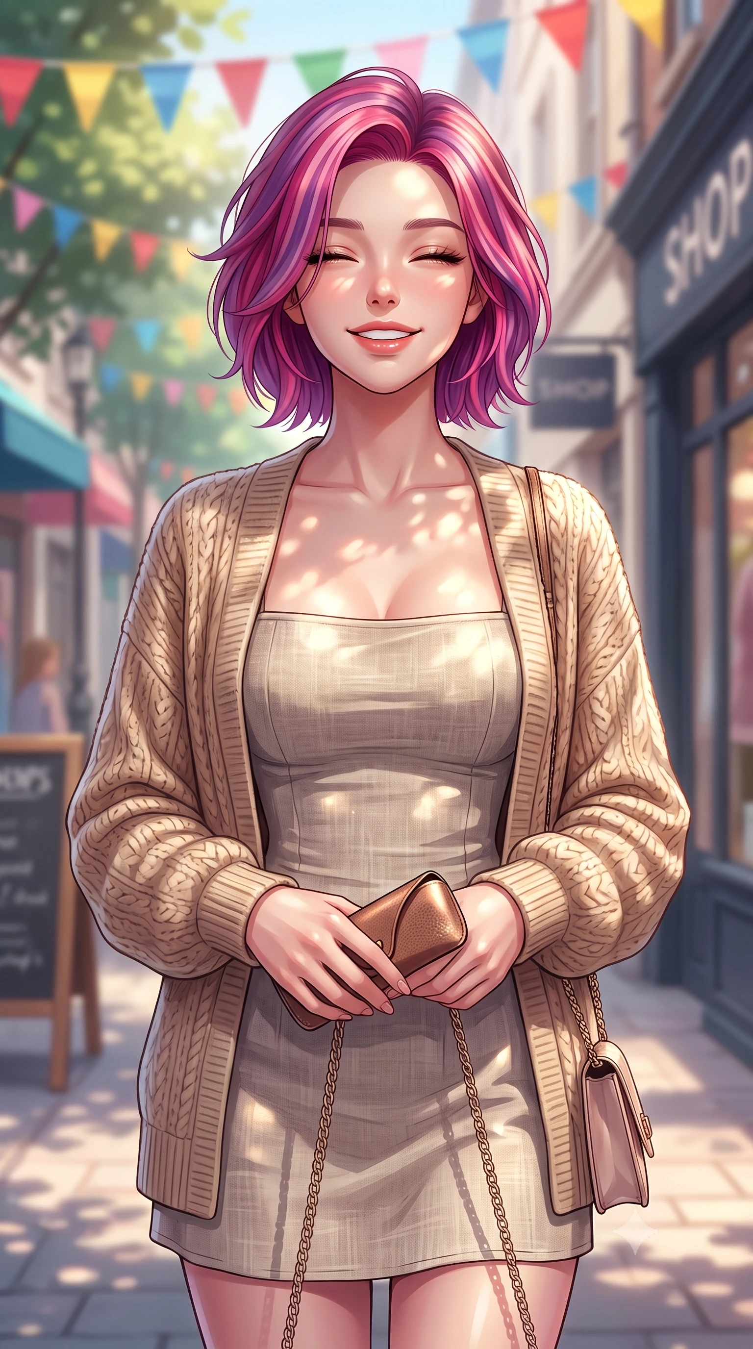 score_9, masterpiece, best quality, ultra-detailed, high-budget anime keyframe, editorial fashion photography, tasteful artistic composition, Caucasian woman. close-up cowboy shot from the waist and thighs up, the character dominates the composition, filling the frame with her large presence, background elements kept in soft focus. smiling happily with closed eyes, enjoying the warm sunbeams on her face set against a soft-focus background of walking down a pedestrian shopping boulevard with colorful flags overhead holding a cute designer sunglasses case and a small chain bag. She has an exceptionally elegant, slender, and willowy female figure with an ultra-slim waist, a gracefully sculpted slender torso, and a refined silhouette. sharp v-shaped jawline, high-bridge nose, intricate jewel-like eyes with depth, thick eyelashes, glossy lips with a natural sheen. wearing body-hugging cozy knit cardigan in beige, layered over a casual linen dress. dappled sunlight filtering through the street trees, casting soft shadows. highly saturated vibrant anime colors, detailed shading with soft gradients, rich glossy textures, high-contrast stereoscopic depth, volumetric dynamic lighting, master piece, 9:16 ratio