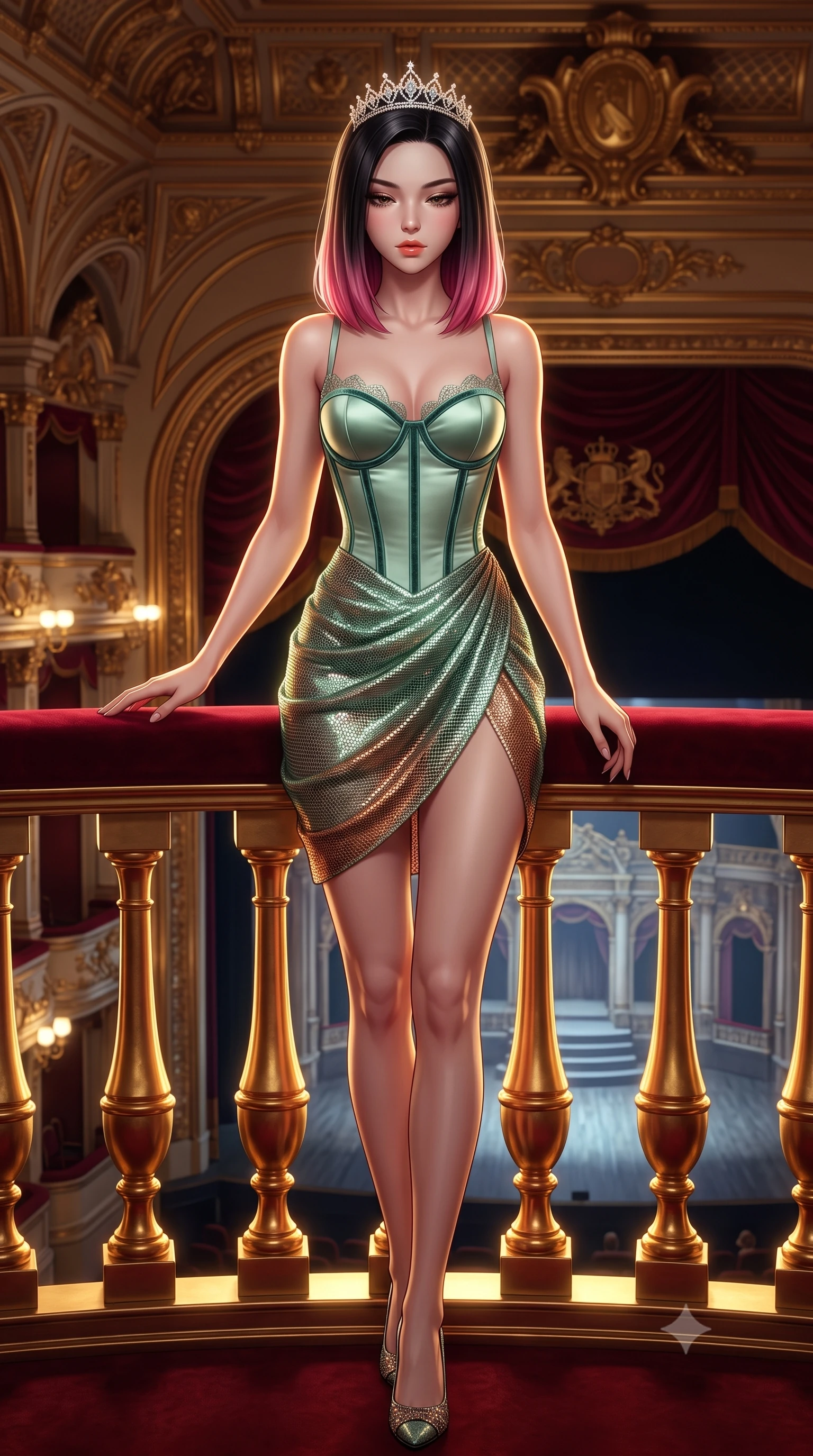 score_9, masterpiece, best quality, ultra-detailed, high-budget anime keyframe, semi-realistic 3D game render, editorial fashion photography, tasteful artistic composition, Korean woman. low angle full-body shot from head to toe showing her feet, filling the entire 9:16 vertical frame with her statuesque presence, stretching her vertical silhouette. stepping slowly toward the camera with hypnotic grace, hips swaying in an alluring sensual rhythm that accentuates her curvy hourglass silhouette and long slender legs while leaning forward against the plush crimson velvet railing of the royal box while arching her lower back to accentuate her curvy hips, looking down at the stage with smoldering eyes. The surrounding environment is rendered in vivid detail and crisp panoramic clarity: detailed plunging cowl-neck liquid silk evening gown drape, diamond tiara sparkle, and 19th-century Habsburg architecture in razor-sharp precision. She has an absolutely perfect, statuesque 8.5-heads proportion, an exceptionally tall and slender model-like female figure with impossibly long slender legs, an ultra-slim waist, a flat toned midriff, narrow delicate ribcage, and beautifully sculpted feminine hips creating a graceful, slim hourglass silhouette without any bulky heaviness. sharp v-shaped jawline, high-bridge nose, sparkling eyes with hypnotic seductive depth, thick curled eyelashes, glossy parted lips with a natural dewy peach sheen, alluring bedroom-eyes with an enchanting coquettish smile, exuding magnetic siren charisma and sophisticated glamour, flawlessly proportioned anatomical accuracy, strict slender model proportions, natural body alignment, perfectly sculpted long slender limbs, ultra-slim waistline, clean dynamic posture without body distortion. wearing a structured boned satin corset bodice with crushed velvet piping paired with a draped tulip mini skirt in Moroccan mint green and hammered copper, crafted from shimmering fluid chainmail mesh reflecting ambient lights, finished with scalloped eyelash lace trim framing her sweetheart neckline with intimate elegance, the high-slit wrap tailoring accentuating her ultra-slim waistline and the enchanting curve of her feminine hips with alluring seductive charm. illuminated by gilded railing reflection bounce and sharp royal-gold rim lights sculpting her razor-sharp jawline, narrow waist, and curvy hips. highly saturated vibrant anime colors, detailed shading with soft gradients, rich glossy textures, high-contrast stereoscopic depth, volumetric dynamic lighting, master piece, 9:16 ratio