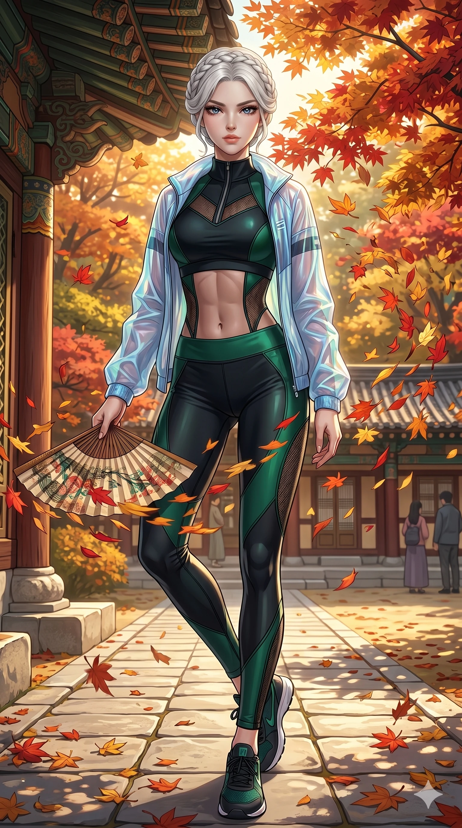 score_9, masterpiece, best quality, ultra-detailed, Set C: High-budget Anime Keyframe, Korean woman. Low angle cowboy shot filling the entire 9:16 frame with her statuesque presence. Waving a silk fan that creates gusts of colorful autumn leaves in a traditional temple. She has an absolutely perfect 8-heads proportion, an exceptionally tall and slender female figure with elegant long slender legs and an slender waist. Sharp v-shaped jawline, high-bridge nose, intricate jewel-like eyes with depth, thick eyelashes, glossy lips. Wearing a Premium Athleisure outfit: sleek high-performance activewear with a sheer windbreaker and athletic midsection. Background is a bright and colorful temple courtyard with vibrant fall foliage and golden sunlight. 2k, ultra detail, master piece, 9:16 ratio