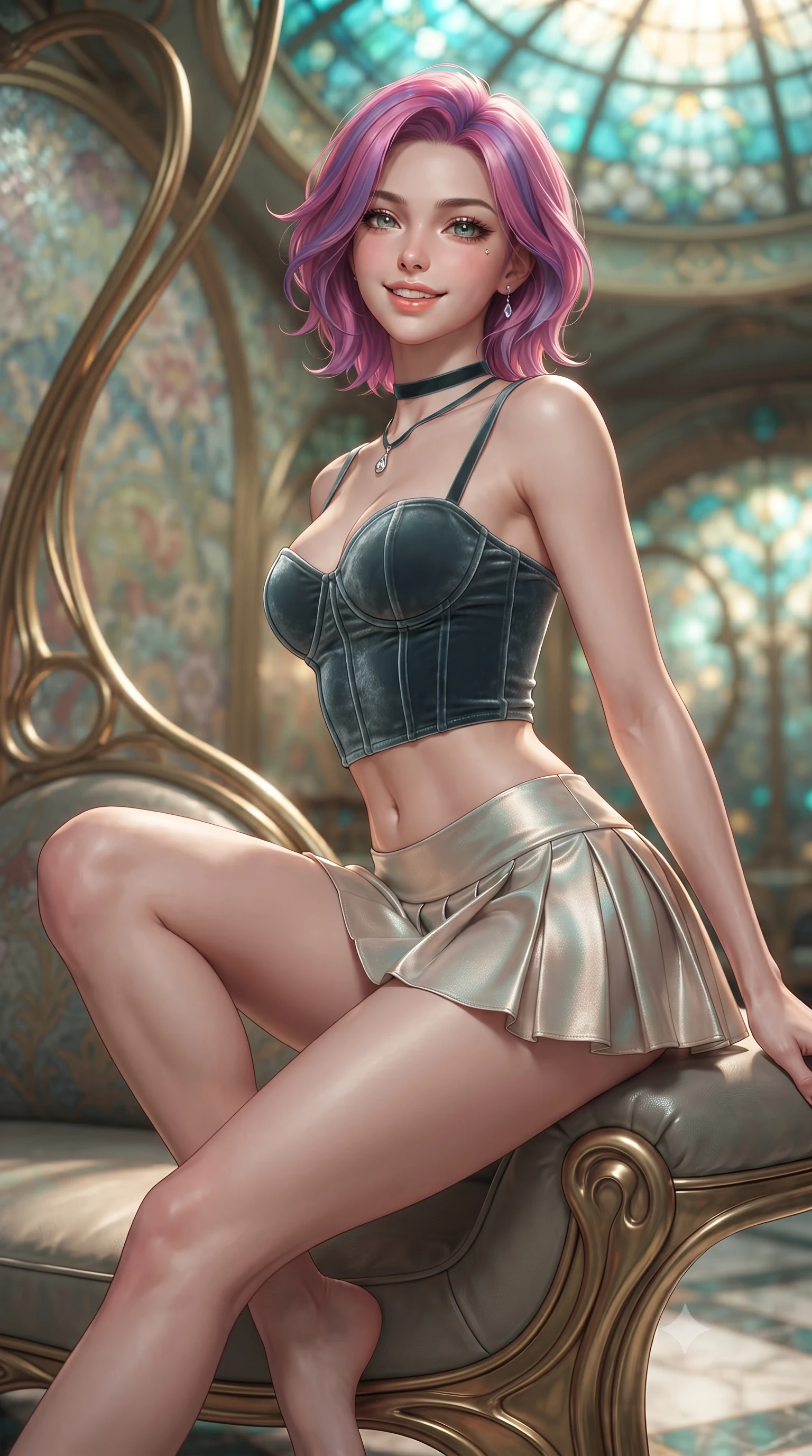 score_9, masterpiece, best quality, ultra-detailed, high-budget anime keyframe, editorial fashion photography, tasteful artistic composition, Caucasian woman. close-up cowboy shot from the waist and thighs up, the character dominates the composition, filling the frame with her large presence. perched sideways on the lounge seat, one knee drawn up to showcase her slender leg line while her arched back accentuates her feminine hip curve while twisting her slender torso in an alluring contrapposto stance, shimmering turquoise and topaz stained-glass light caressing her narrow waist and curvy hips. The background shows a soft-focus sinuous gilded Art Nouveau whiplash curves, floral mosaic murals, and glowing stained-glass dome panels blurred into turquoise, gold, and jade bokeh. She has an exceptionally elegant, slender, and willowy female figure with an ultra-slim waist, flat toned midriff, narrow ribcage, and sculpted feminine hips creating an alluring, slim hourglass silhouette without bulk. sharp v-shaped jawline, high-bridge nose, intricate jewel-like sparkling eyes with depth, thick eyelashes, glossy parted lips with a natural peach sheen, bright cheerful beaming smile with an enchanting and coquettish sensual glint, exuding both youthful cute charm and seductive allure, flawlessly proportioned anatomical accuracy, strict slender model proportions, natural body alignment, perfectly sculpted long slender limbs, ultra-slim waistline, clean dynamic posture without body distortion. wearing a structured Bohemian boned velvet bustier top paired with an ultra-short low-rise pleated micro mini skirt in iridescent seafoam pearl and champagne luster, crafted from fluid liquid silk satin that clings smoothly to her narrow waist and rounded hips with a dewy sheen, finished with a thin velvet ribbon choker and a single teardrop diamond pendant, the second-skin tailored fabric adhering flawlessly to her sculpted flat midriff and slender torso, emphasizing her long leg lines and perfectly proportioned willowy build. illuminated by marble floor reflection bounce and sharp rose-gold rim lights sculpting her jawline, narrow waist, and curvy hips. ultra-reflective glossy finish, specular highlights, rich textural contrasts, high-contrast stereoscopic depth, volumetric dynamic lighting, 2k, ultra detail, master piece, 9:16 ratio