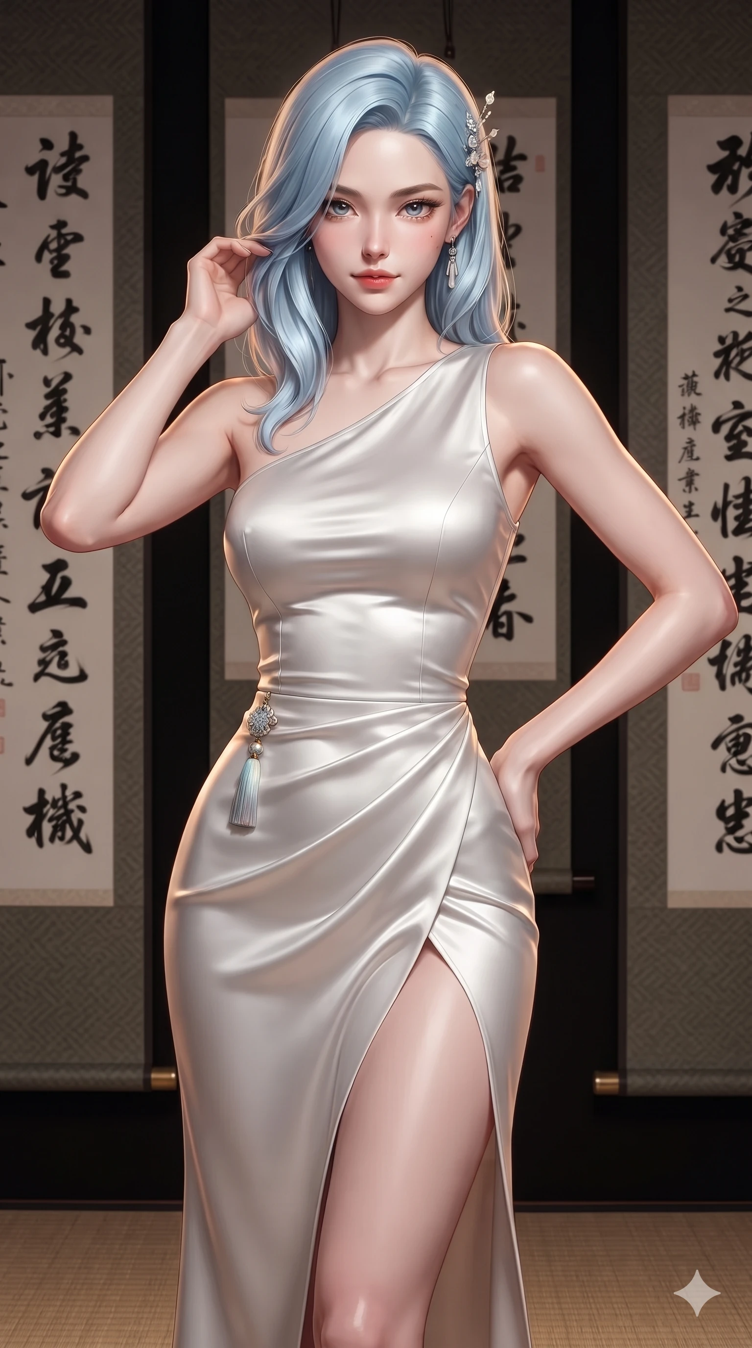 score_9, masterpiece, best quality, ultra-detailed, high-budget anime keyframe, editorial fashion photography, tasteful artistic composition, Korean woman. close-up cowboy shot from the waist and thighs up, the character dominates the composition, filling the frame with her large presence. gently brushing a lock of silk hair behind her ear while casting a playful, flirtatious side-gaze with long eyelashes while standing tall between towering hanging ink calligraphy scrolls, one hand on her hip as she looks into the lens with smoldering intensity. The surrounding environment is rendered in vivid detail and crisp panoramic clarity: sharp ink stroke textures on mulberry paper, woven tatami edge binding, and polished brass scroll weights in deep focus. She has an exceptionally elegant, slender, and willowy female figure with an ultra-slim waist, flat toned midriff, narrow ribcage, and sculpted feminine hips creating an alluring, slim hourglass silhouette without bulk. sharp v-shaped jawline, high-bridge nose, sparkling eyes with hypnotic seductive depth, thick curled eyelashes, glossy parted lips with a natural dewy peach sheen, alluring bedroom-eyes with an enchanting coquettish smile, exuding magnetic siren charisma and sophisticated glamour, flawlessly proportioned anatomical accuracy, strict slender model proportions, natural body alignment, perfectly sculpted long slender limbs, ultra-slim waistline, clean dynamic posture without body distortion. wearing an asymmetric one-shoulder liquid mercury silk dress with a dramatic hip-high wrap slit and norigae waist charm in celestial pearl white and moonlight platinum, tailored from smooth liquid silk satin with a natural dewy moonlight sheen, finished with delicate mother-of-pearl hairpin ornaments glinting in her dark glossy hair, the impeccably tailored cut draping gracefully along her slender figure with aristocratic eastern poise. illuminated by black lacquer desk bounce and sharp warm-amber rim lights sculpting her razor-sharp jawline, narrow waist, and curvy hips. ultra-reflective glossy finish, specular highlights, rich textural contrasts, high-contrast stereoscopic depth, volumetric dynamic lighting, 2k, ultra detail, master piece, 9:16 ratio