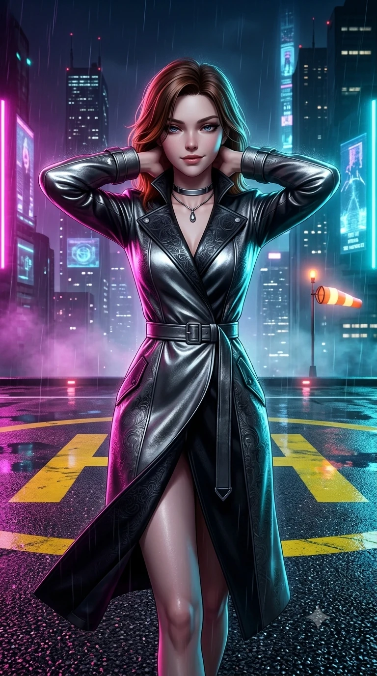 score_9, masterpiece, best quality, ultra-detailed, high-budget anime keyframe, semi-realistic 3D game render, editorial fashion photography, tasteful artistic composition, Korean woman. close-up cowboy shot from the waist and thighs up, the character dominates the composition, filling the frame with her large presence. resting both hands lightly behind her neck with elbows raised, arching her spine to highlight her narrow waist, flat midriff, and breathtaking collarbones while striding confidently across the wet helipad deck, her long slender legs and hourglass hips commanding the dystopian midnight skyline. The surrounding environment is rendered in vivid detail and crisp panoramic clarity: sharp yellow helipad markings, wet tarmac aggregate texture, and illuminated windsock beacon details in deep focus. She has an exceptionally elegant, slender, and willowy female figure with an ultra-slim waist, flat toned midriff, narrow ribcage, and sculpted feminine hips creating an alluring, slim hourglass silhouette without bulk. sharp v-shaped jawline, high-bridge nose, intricate jewel-like dark sparkling eyes with dangerous depth, thick curled eyelashes, glossy parted lips with a rich wine sheen, smoldering seductive half-smile with bedroom-eyes, exuding effortless superiority and intoxicating dark allure, flawlessly proportioned anatomical accuracy, strict slender model proportions, natural body alignment, perfectly sculpted long slender limbs, ultra-slim waistline, clean dynamic posture without body distortion. wearing a structured high-collar leather trench coat dress with waist-cinching belt and storm flap in metallic liquid silver and pitch black, tailored from rich silk jacquard with subtle embossed baroque patterns, finished with a minimalist chrome choker and a single teardrop pendant, the bespoke structured tailoring following the natural line of her 8.5-heads silhouette with refined elegance. bathed in intense saturated magenta and electric cyan neon floodlights cutting through falling rain. highly saturated vibrant anime colors, detailed shading with soft gradients, rich glossy textures, high-contrast stereoscopic depth, volumetric dynamic lighting, master piece, 9:16 ratio