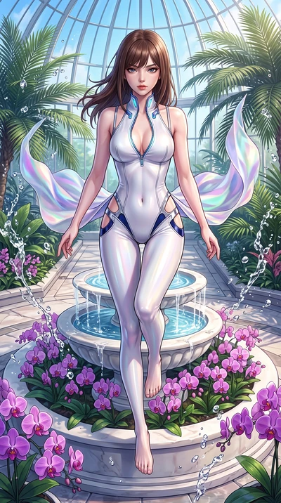 score_9, masterpiece, best quality, ultra-detailed, high-budget anime keyframe, semi-realistic 3D game render, editorial fashion photography, tasteful artistic composition, Korean woman. low angle full-body shot from head to toe showing her feet, fil