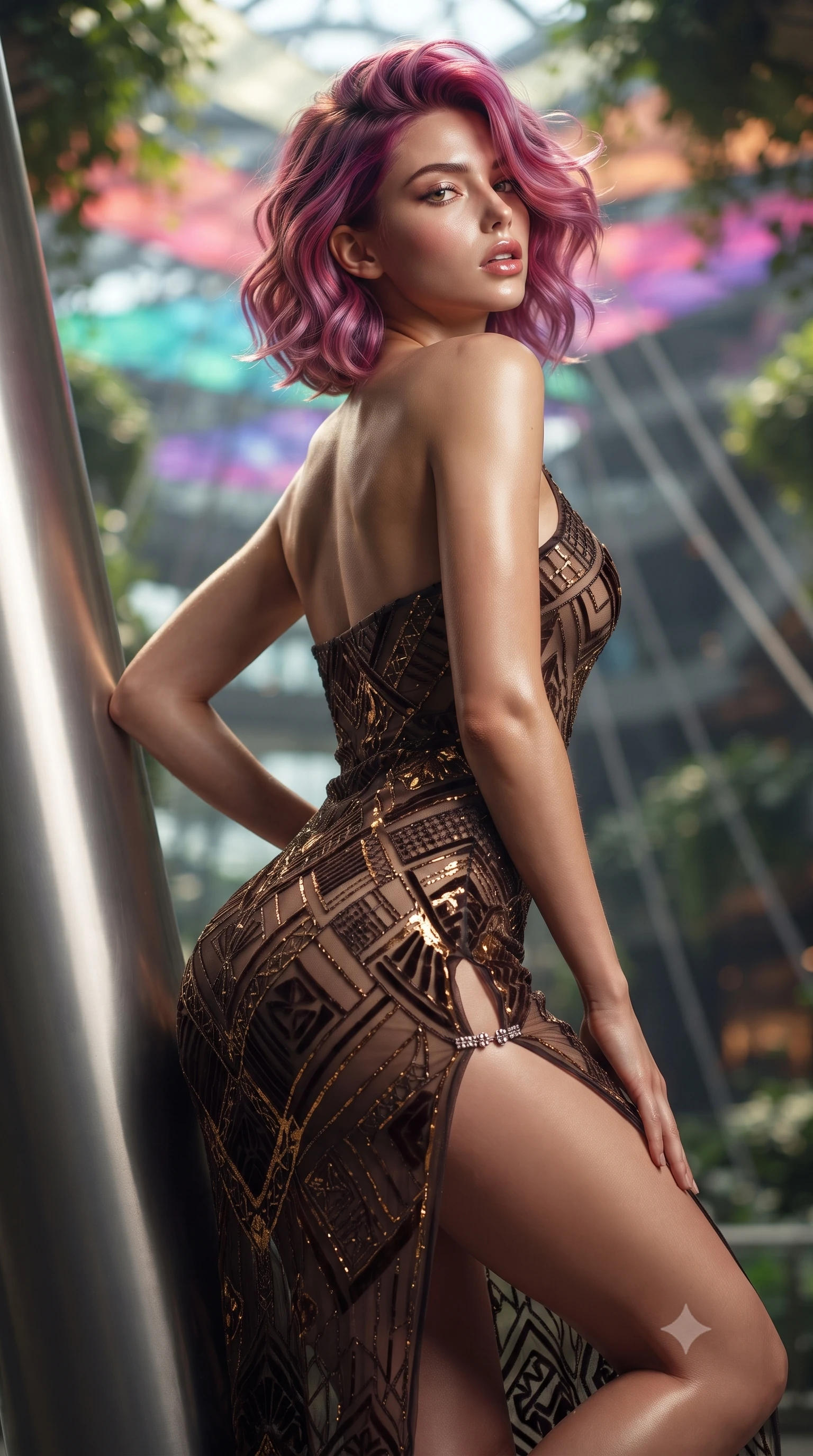 score_9, masterpiece, best quality, ultra-detailed, high-budget anime keyframe, editorial fashion photography, tasteful artistic composition, Caucasian woman. close-up cowboy shot from the waist and thighs up, the character dominates the composition, filling the frame with her large presence. posing in an alluring rear three-quarter angle, arching her lower back in a pronounced S-curve with one hand on her hip, glancing seductively over her bare shoulder with parted glossy lips while reclining against the smooth titanium skyway pylon, head tilted back in awe as color-shifting LED canopies cast vivid hues over her silhouette. The composition keeps background elements in soft focus with creamy bokeh. floating botanical canopy foliage and suspension cable lines softened in cinematic shallow depth of field. She has an exceptionally elegant, slender, and willowy female figure with an ultra-slim waist, flat toned midriff, narrow ribcage, and sculpted feminine hips creating an alluring, slim hourglass silhouette without bulk. sharp v-shaped jawline, high-bridge nose, intricate jewel-like eyes with depth, thick eyelashes, glossy parted lips with a natural sheen, intensely captivating and seductive bedroom-eyes expression, flawlessly proportioned anatomical accuracy, strict slender model proportions, natural body alignment, perfectly sculpted long slender limbs, ultra-slim waistline, clean dynamic posture without body distortion. wearing a sheer vintage mesh flapper dress adorned with intricate geometric beadwork over an opaque silk slip in dark espresso brown and molten gold foil, made of sheer contouring power-mesh with velvet flocking patterns, finished with an ultra-high side slit secured by miniature jeweled clasps, the glove-like aerodynamic silhouette tightly following the natural contour of her hips and long slender legs with statuesque 8.5-heads elegance. surrounded by a visionary, electrifying, and breathlessly magnificent eco-metropolis queen aura. ultra-reflective glossy finish, specular highlights, rich textural contrasts, high-contrast stereoscopic depth, volumetric dynamic lighting, 2k, ultra detail, master piece, 9:16 ratio