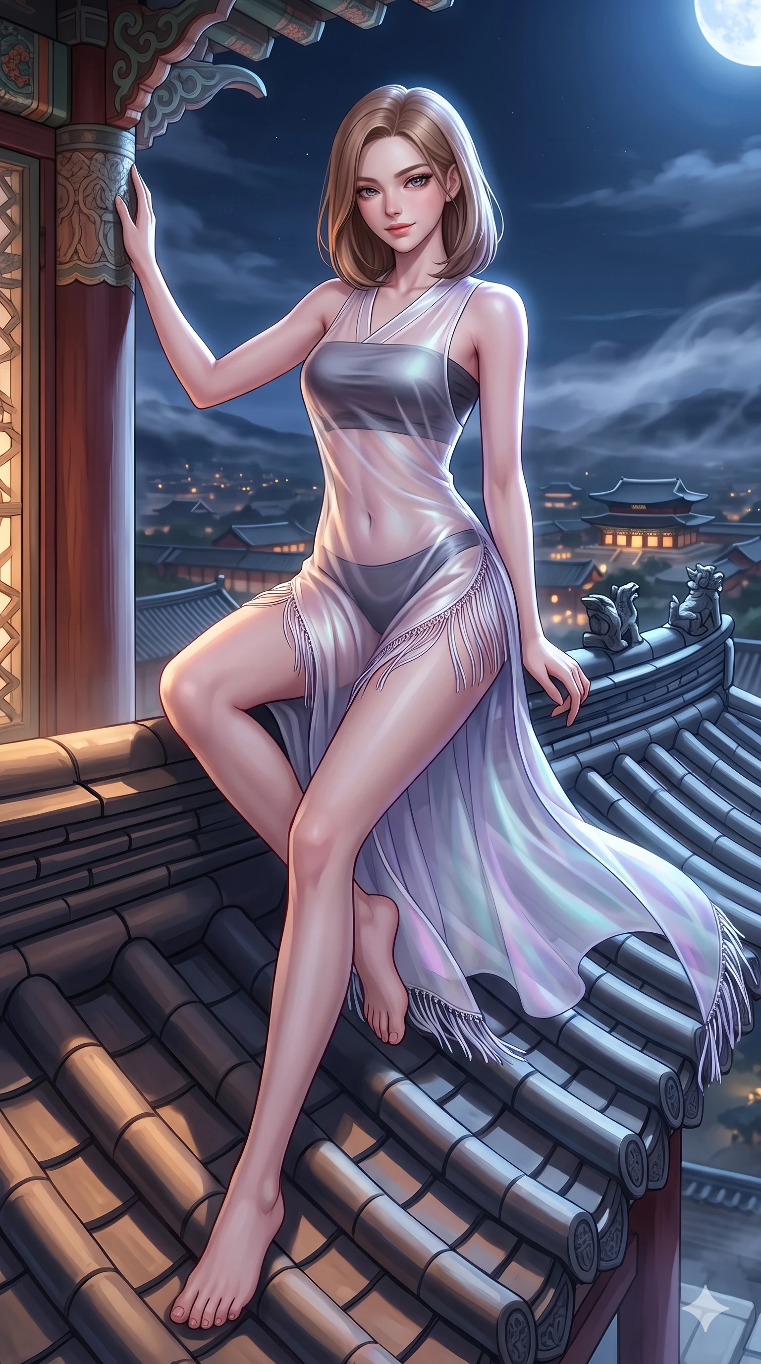 score_9, masterpiece, best quality, ultra-detailed, high-budget anime keyframe, semi-realistic 3D game render, editorial fashion photography, tasteful artistic composition, Korean woman. low angle full-body shot from head to toe showing her feet, filling the entire 9:16 vertical frame with her statuesque presence, stretching her vertical silhouette. standing tall beside the architectural column, one hand resting high while arching her lower back to emphasize her sculpted feminine hips and slender waist while perched on the curved hip of the clay-tiled palace roof with one knee drawn up, looking down at the moonlit kingdom with fearless bedroom-eyes. The surrounding environment is rendered in vivid detail and crisp panoramic clarity: sharp clay roof tile seams, carved ceramic ridge guardian figures (japsang), and night wind mist streaks in deep focus. She has an absolutely perfect, statuesque 8.5-heads proportion, an exceptionally tall and slender model-like female figure with impossibly long slender legs, an ultra-slim waist, a flat toned midriff, narrow delicate ribcage, and beautifully sculpted feminine hips creating a graceful, slim hourglass silhouette without any bulky heaviness. sharp v-shaped jawline, high-bridge nose, sparkling eyes with hypnotic seductive depth, thick curled eyelashes, glossy parted lips with a natural dewy peach sheen, alluring bedroom-eyes with an enchanting coquettish smile, exuding magnetic siren charisma and sophisticated glamour, flawlessly proportioned anatomical accuracy, strict slender model proportions, natural body alignment, perfectly sculpted long slender limbs, ultra-slim waistline, clean dynamic posture without body distortion. wearing a delicately layered semi-sheer gossamer nobang hanbok slip dress revealing her sculpted silhouette over an opaque micro-bandeau and briefs in iridescent mother-of-pearl and misty lavender, made of liquid dark mercury jersey with seamless sculpting hold and fluid drape, finished with delicate silk fringe trim fluttering along her hip line with kinetic charm, the form-fitting cut adhering flawlessly to her sculpted flat midriff and slender torso, emphasizing her long leg lines and perfectly proportioned willowy build. bathed in high-contrast unhindered celestial moonlight casting crisp geometric shadows across curved clay tiles. highly saturated vibrant anime colors, detailed shading with soft gradients, rich glossy textures, high-contrast stereoscopic depth, volumetric dynamic lighting, master piece, 9:16 ratio