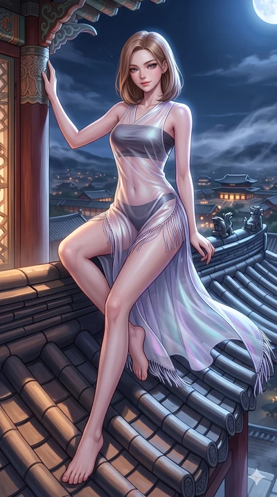 Korean woman. low angle full-body shot from head to toe showing her feet, fil.