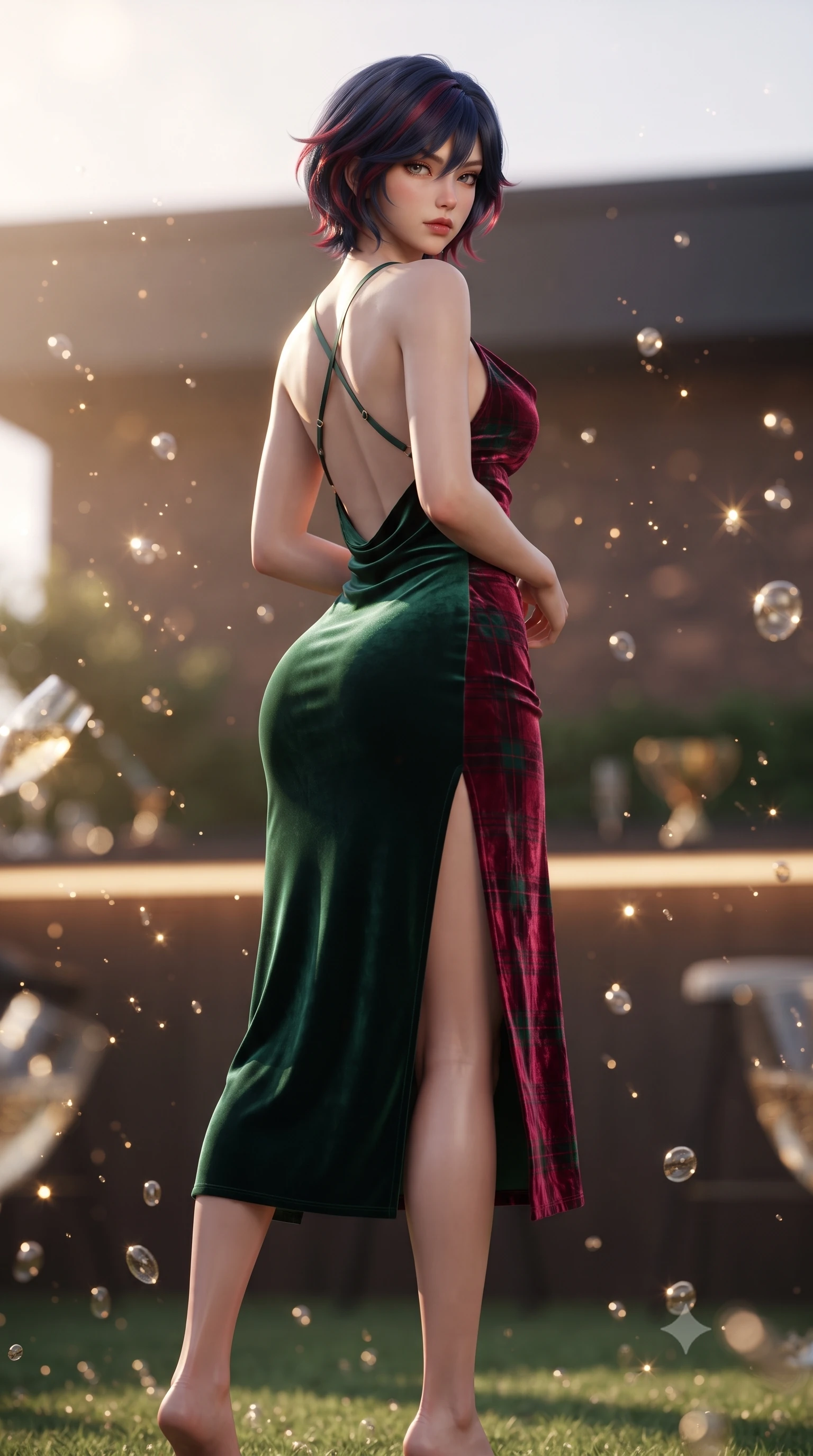 score_9, masterpiece, best quality, ultra-detailed, high-budget anime keyframe, editorial fashion photography, tasteful artistic composition, Korean woman. low angle full-body shot from head to toe showing her feet, filling the entire 9:16 vertical frame with her statuesque presence, stretching her vertical silhouette. posing with back turned slightly to the lens, glancing back with smoldering allure as she arches her lower back to emphasize her sculpted feminine hips and slender waist while twisting her slender torso in an assertive contrapposto stance beside the private turf bar, her form-contouring riding suit sculpting her feminine hourglass lines. The composition keeps background elements in soft focus with creamy bokeh. champagne bubbles and brass trophy reflections scattering warm sparkling light motes across the terrace. She has an exceptionally tall and slender model-like 8.5-heads proportion, an ultra-slim waist, a flat toned midriff, narrow delicate ribcage, and beautifully sculpted feminine hips creating a graceful, slim hourglass silhouette without any bulky heaviness, with impossibly long slender legs. sharp v-shaped jawline, high-bridge nose, intricate jewel-like eyes with depth, thick eyelashes, glossy parted lips with a natural sheen, intensely captivating and seductive bedroom-eyes expression, flawlessly proportioned anatomical accuracy, strict slender model proportions, natural body alignment, perfectly sculpted long slender limbs, ultra-slim waistline, clean dynamic posture without body distortion. wearing a backless cowl-neck satin slip dress featuring high-cut side hip slits and delicate criss-cross back straps in deep emerald green velvet and royal tartan crimson, crafted from heavyweight crushed silk velvet with liquid vintage luster, finished with criss-cross back satin straps highlighting her graceful shoulder blades, the second-skin form-contouring cut accentuating her sculpted flat midriff, narrow delicate ribcage, and gracefully curvy hips with supermodel precision. surrounded by an untouchable, elite, and irresistibly prestigious equestrian heiress aura. ultra-reflective glossy finish, specular highlights, rich textural contrasts, high-contrast stereoscopic depth, volumetric dynamic lighting, 2k, ultra detail, master piece, 9:16 ratio
