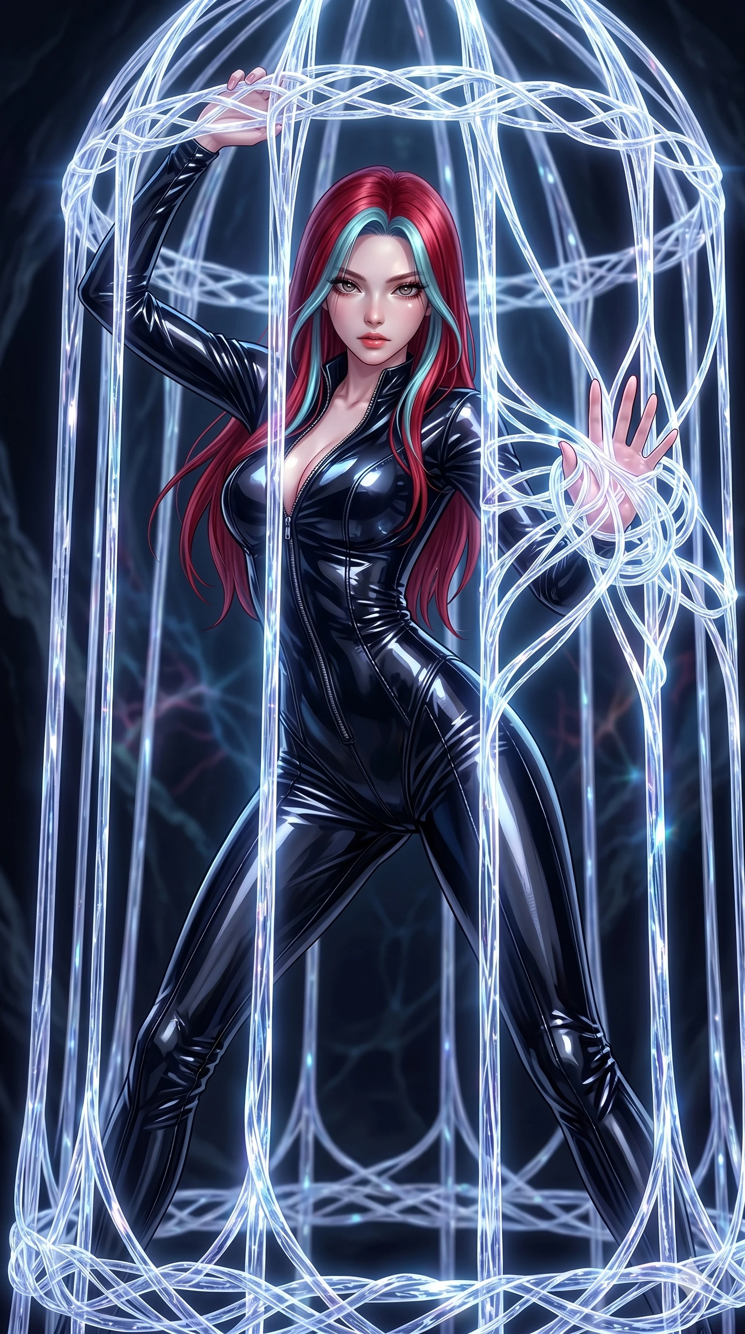 score_9, masterpiece, best quality, ultra-detailed, High-budget Anime Keyframe, East Asian woman. Dynamic full-body shot stretching the vertical silhouette to the limit. Scenario 62: Trapped in a cage of glowing crystalline fibers, body pressing against the bars. Her presence is magnetic and overpowering in this high-budget anime scene. Outfit 62: A patent leather second with a unzipped detail and tight-fitting silhouette. The clothing is designed to emphasize her exceptionally tall and slender 8-heads proportion. 8-heads proportion, towering silhouette, ultra-slim waist. sharp v-shaped jawline, intricate jewel-like eyes with depth, thick eyelashes, glossy lips. 2k, ultra detail, master piece, 9:16 ratio