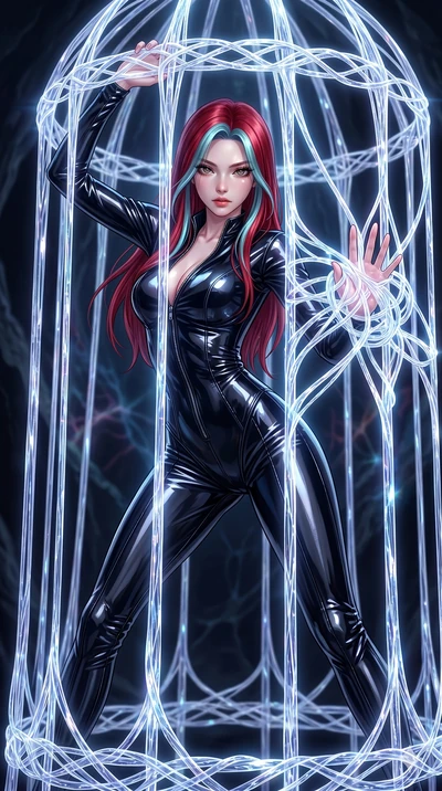 score_9, masterpiece, best quality, ultra-detailed, High-budget Anime Keyframe, East Asian woman. Dynamic full-body shot stretching the vertical silhouette to the limit. Scenario 62: Trapped in a cage of glowing crystalline fibers, body pressing agai