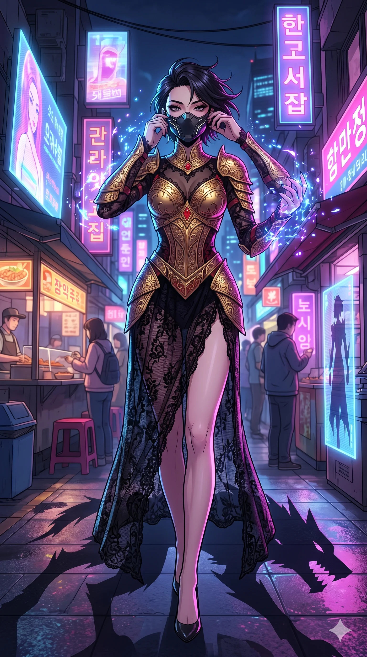 score_9, masterpiece, best quality, ultra-detailed, Set A: High-budget Anime Keyframe, Korean woman. Low angle cowboy shot filling the entire 9:16 frame with her statuesque presence. Adjusting a mask through a neon-lit Neo-Seoul market, while her shadow mimics the movements of a predator 205 and surrounded by glowing energy sparks. She has an absolutely perfect 8-heads proportion, an exceptionally tall and slender female figure with impossibly long slender legs and an ultra-slim waist. Sharp v-shaped jawline, high-bridge nose, intricate jewel-like eyes with depth, thick eyelashes, glossy lips with a natural sheen. Wearing Ornate gold plate armor over a sheer black lace gown with a high-slit. Cinematic lighting, vibrant colors, dramatic shadows, 2k, ultra detail, master piece, 9:16 ratio