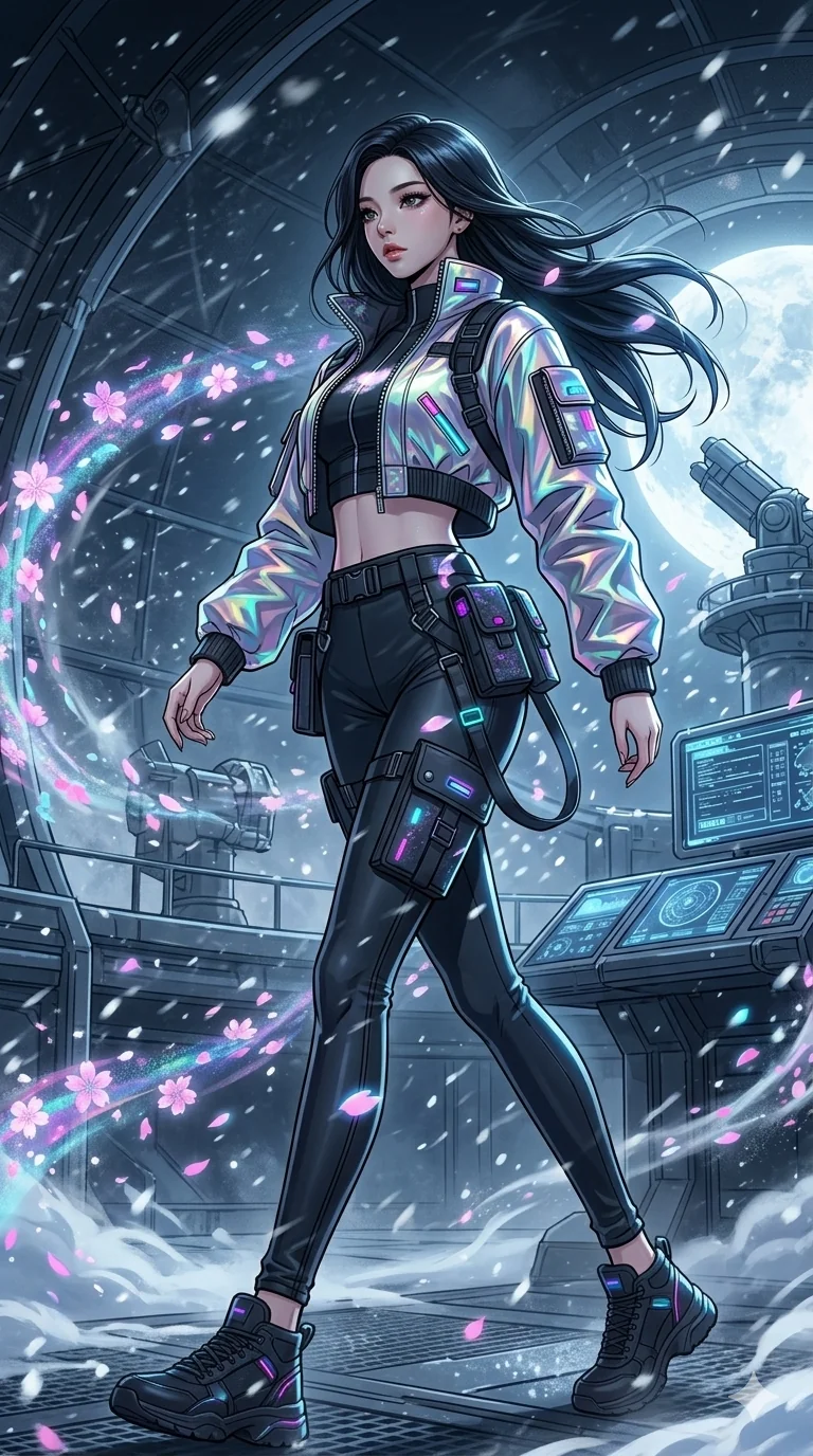 score_9, masterpiece, best quality, ultra-detailed, high-budget anime movie keyframe, cinematic anime lighting, intricate line art, Japanese woman. Dynamic full-body shot stretching the vertical silhouette across the 9:16 frame. walking through a blizzard in a lunar observatory with digital sakura petals. She has an absolutely perfect 8-heads proportion, an exceptionally tall and slender female figure with an ultra-slim waist and impossibly long slender legs. sharp v-shaped jawline, high-bridge nose, intricate jewel-like eyes, thick eyelashes, glossy lips. Wearing modern urban tech-wear ensemble with a cropped reflective bomber jacket, ultra-slim high-waisted cargo leggings, and tactical harness with neon-lit pouches. The scene is illuminated by dramatic atmospheric lighting and vibrant color palettes. , 2k, ultra detail, master piece, 9:16 ratio