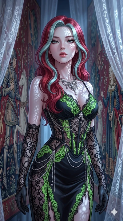 score_9, masterpiece, best quality, ultra-detailed, high-budget anime keyframe, editorial fashion photography, tasteful artistic composition, Caucasian woman, strictly human ears. close-up cowboy shot from the waist and thighs up, the character domin