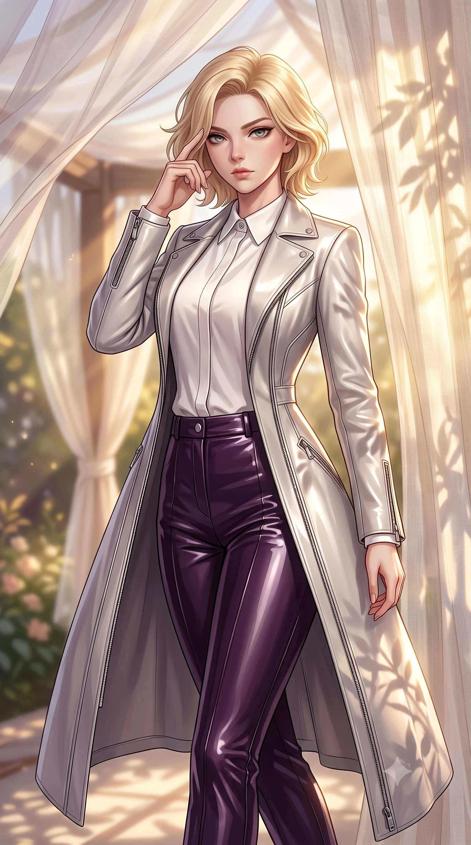 score_9, masterpiece, best quality, ultra-detailed, high-budget anime keyframe, editorial fashion photography, tasteful artistic composition, Caucasian woman. close-up cowboy shot from the waist and thighs up, the character dominates the composition, filling the frame with her large presence, background elements kept in soft focus. Pressing two fingers to her temple in a composed, sharp thoughtful gesture, stepping gracefully under a sheer silk canopy fluttering in a gentle breeze, intense volumetric sunbeams filtering through sheer linen casting soft leaf stencil shadows. She has an exceptionally elegant, slender, and willowy female figure with an ultra-slim waist, a gracefully sculpted slender torso, and a refined silhouette. sharp v-shaped jawline, high-bridge nose, intricate jewel-like eyes with depth, thick eyelashes, glossy lips with a natural sheen. wearing structured platinum leather long coat over white silk blouse and tailored slacks in dark plum violet, made of high-gloss liquid vinyl, finished with metallic silver boning and sleek zipper points, following her slender form with tailored precision. lit by golden-hour sunlight casting graceful organic leaf shadows. highly saturated vibrant anime colors, detailed shading with soft gradients, rich glossy textures, high-contrast stereoscopic depth, volumetric dynamic lighting, master piece, 9:16 ratio