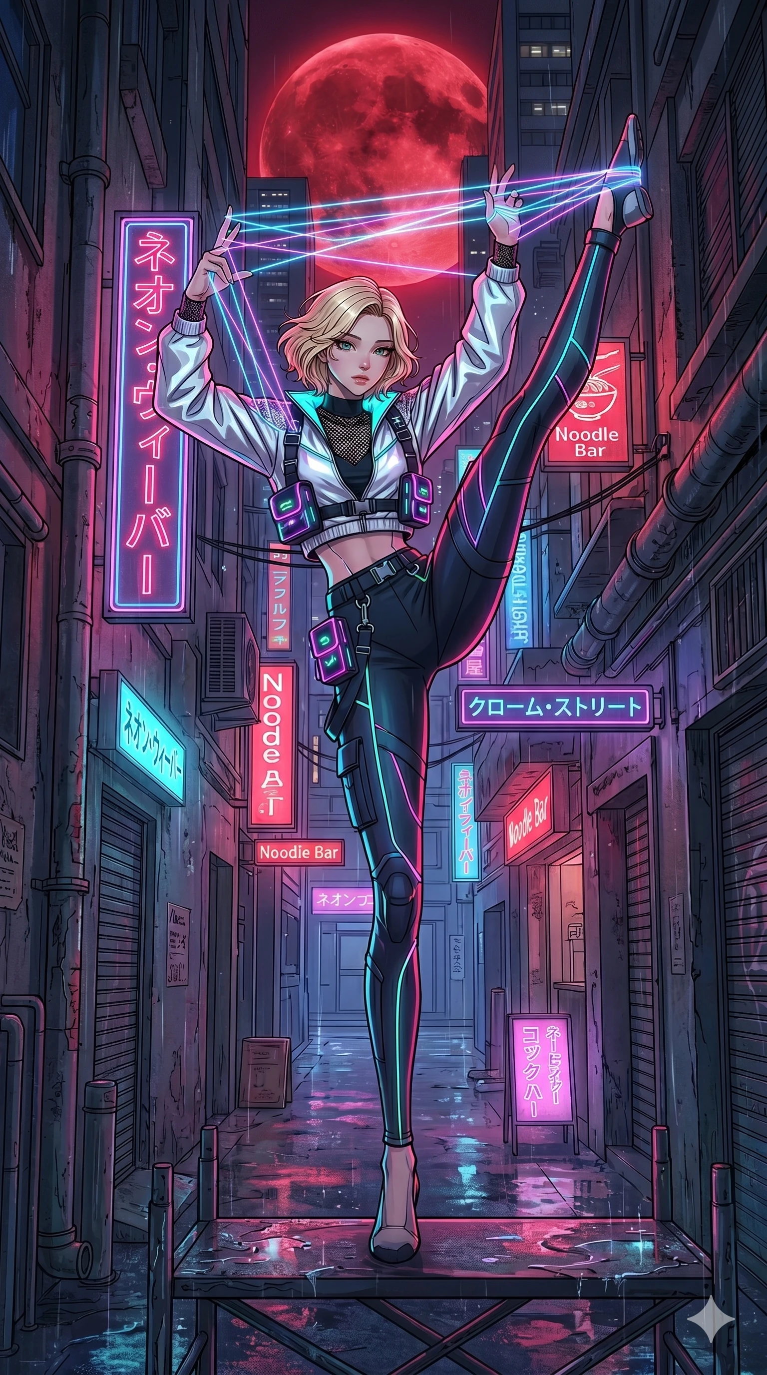 score_9, masterpiece, best quality, ultra-detailed, high-budget anime movie keyframe, cinematic anime lighting, intricate line art, Japanese woman. Dynamic full-body shot stretching the vertical silhouette across the 9:16 frame. weaving threads of light in a neon-lit cyberpunk alleyway under a blood moon. She has an absolutely perfect 8-heads proportion, an exceptionally tall and slender female figure with an ultra-slim waist and impossibly long slender legs. sharp v-shaped jawline, high-bridge nose, intricate jewel-like eyes, thick eyelashes, glossy lips. Wearing modern urban tech-wear ensemble with a cropped reflective bomber jacket, ultra-slim high-waisted cargo leggings, and tactical harness with neon-lit pouches. The scene is illuminated by dramatic atmospheric lighting and vibrant color palettes. , 2k, ultra detail, master piece, 9:16 ratio
